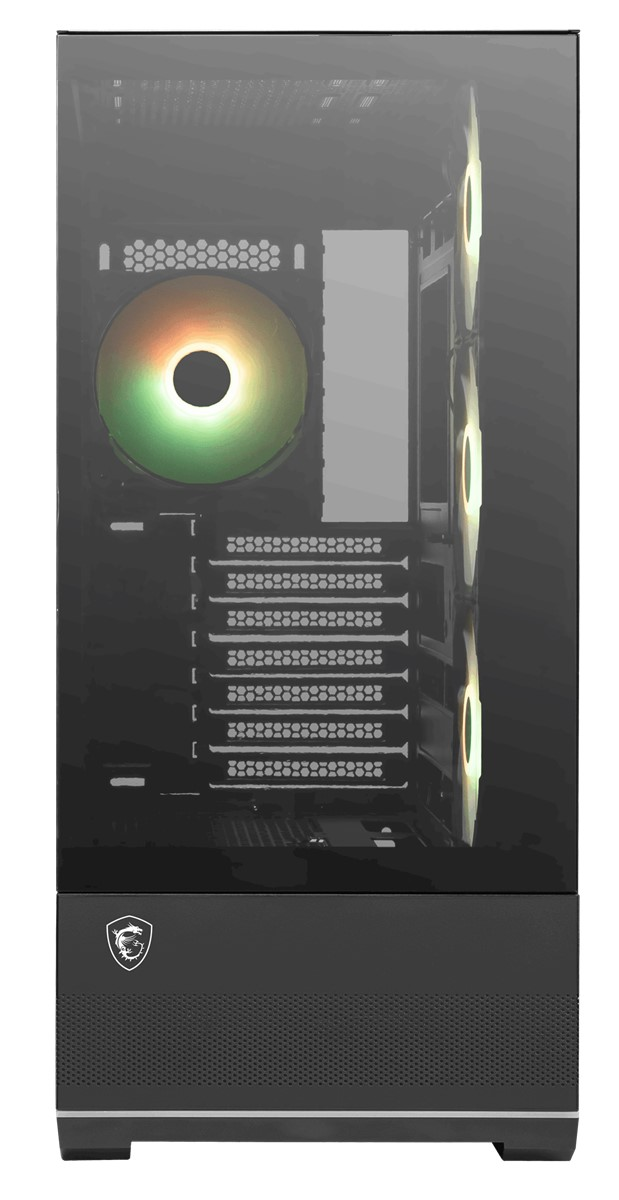 Cam ön, RGB fanlar ve MSI logosu bulunan siyah PC kasası.