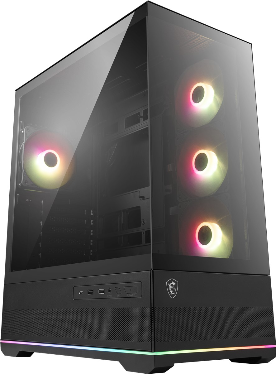 Cam ön ve RGB fanlı siyah PC kasası.