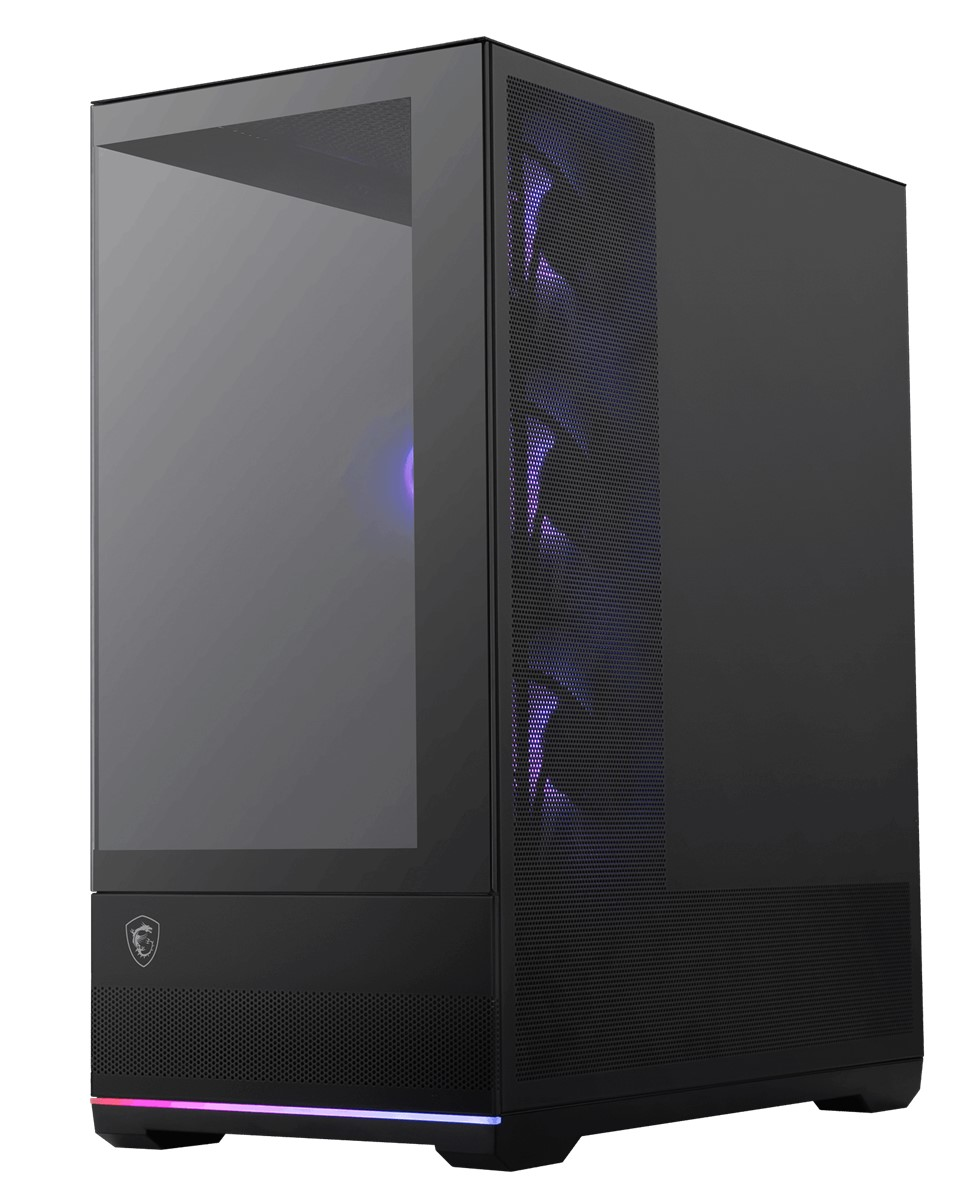 Cam önlü, aydınlatmalı fanlı ve RGB şeritli siyah PC kasası.