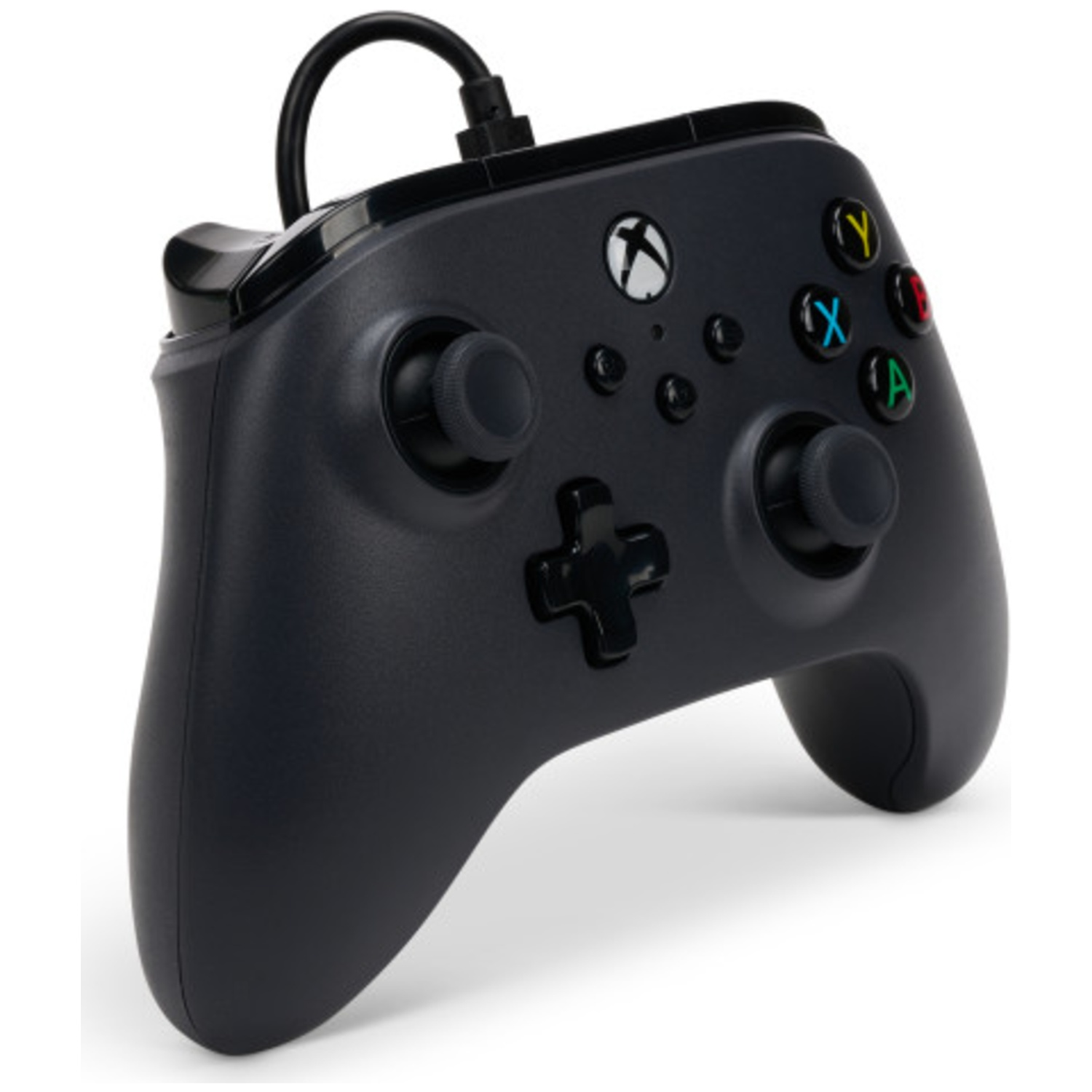 Een zwarte Xbox controller met snoer en gekleurde knoppen.
