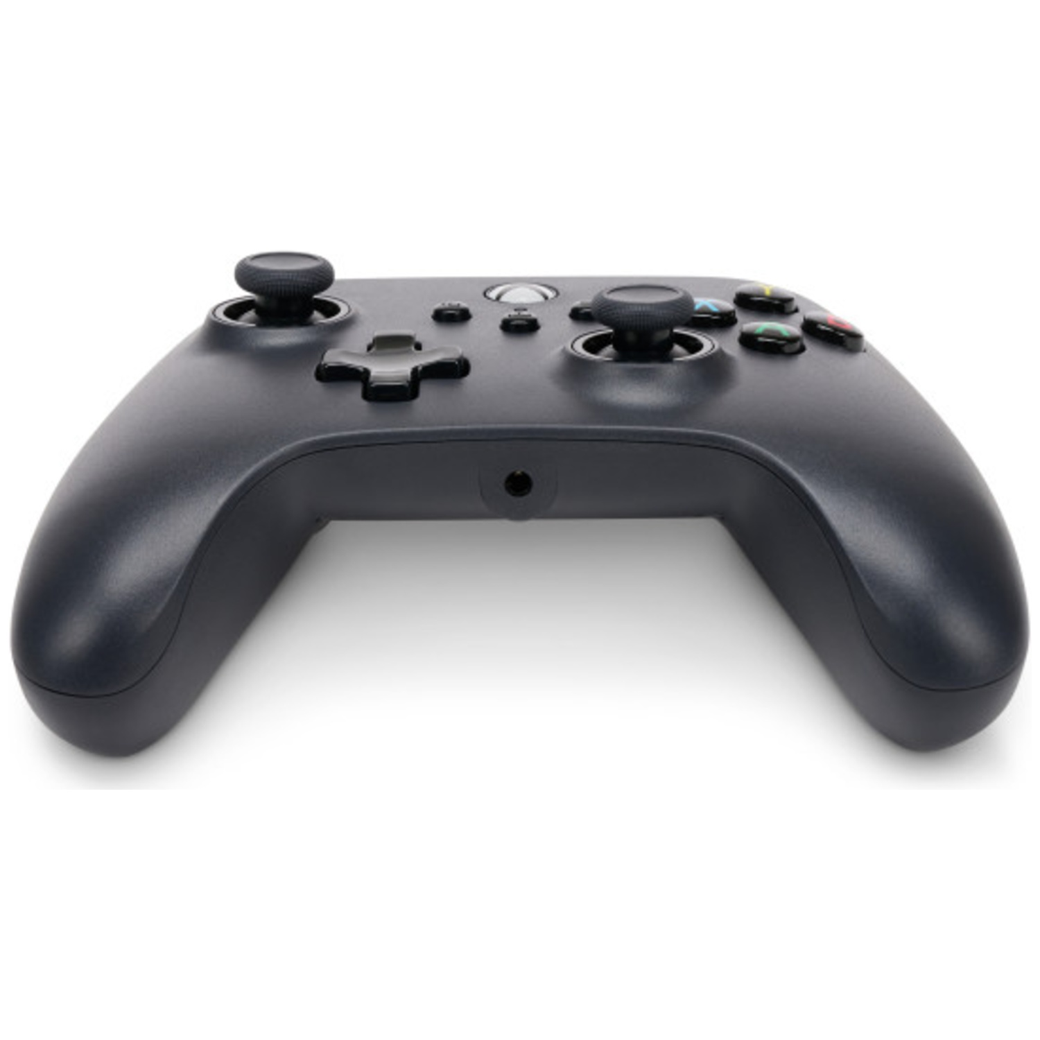 Een donkere Xbox controller met twee joysticks en knoppen.