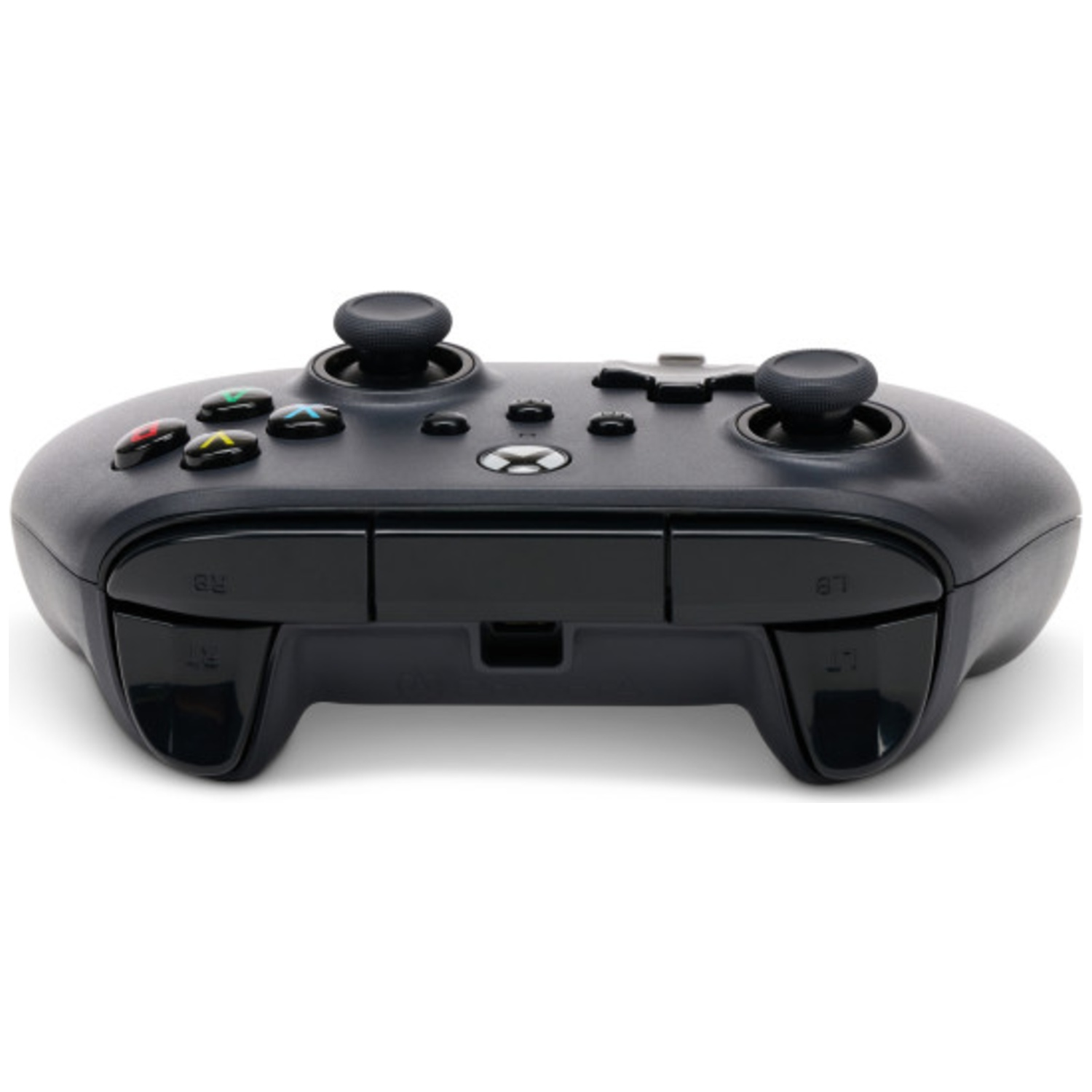 Donkergrijze Xbox controller met twee joysticks en gekleurde knoppen.