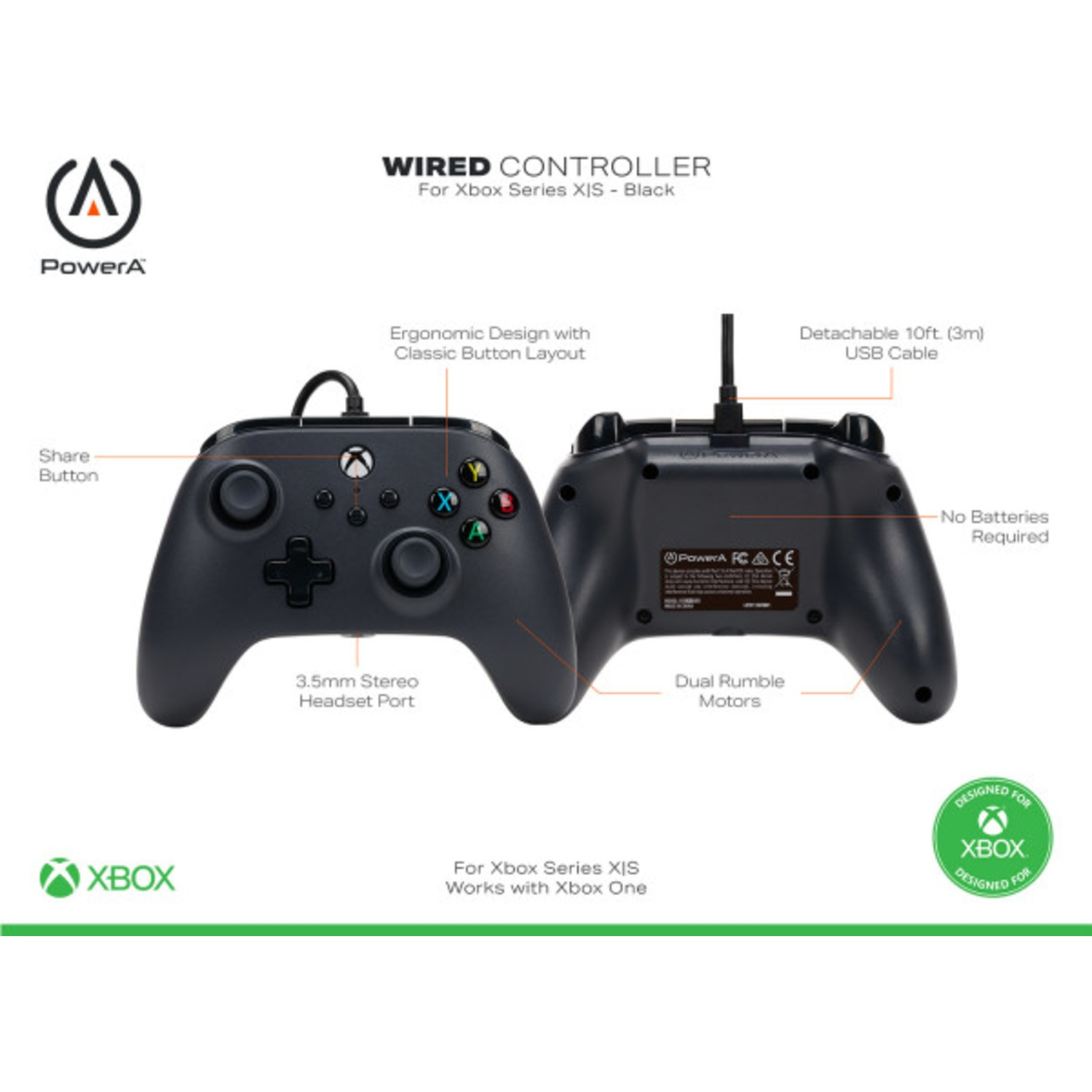Zwarte Xbox Series XIS controller van PowerA met labels.