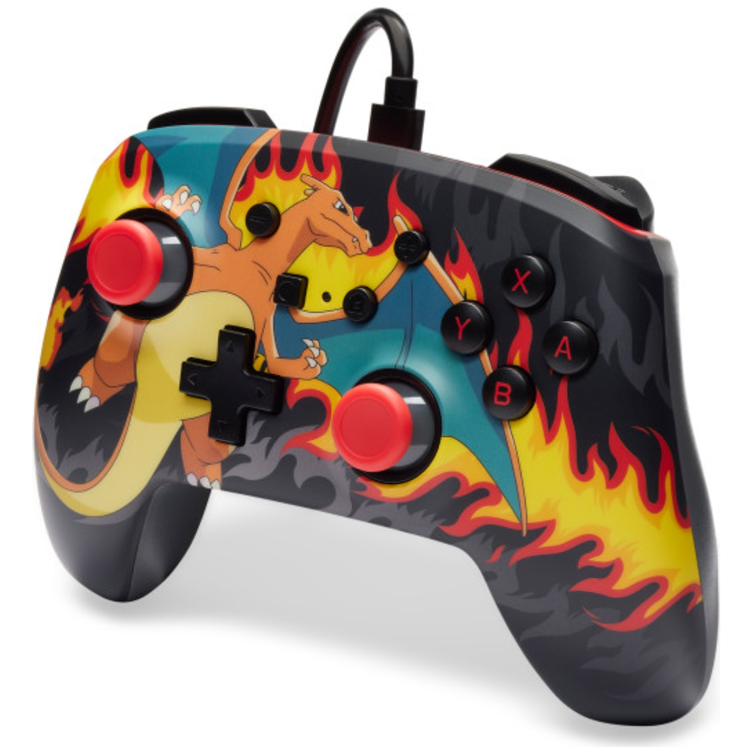 Une manette de jeu représentant Charizard et des flammes, sur fond blanc.