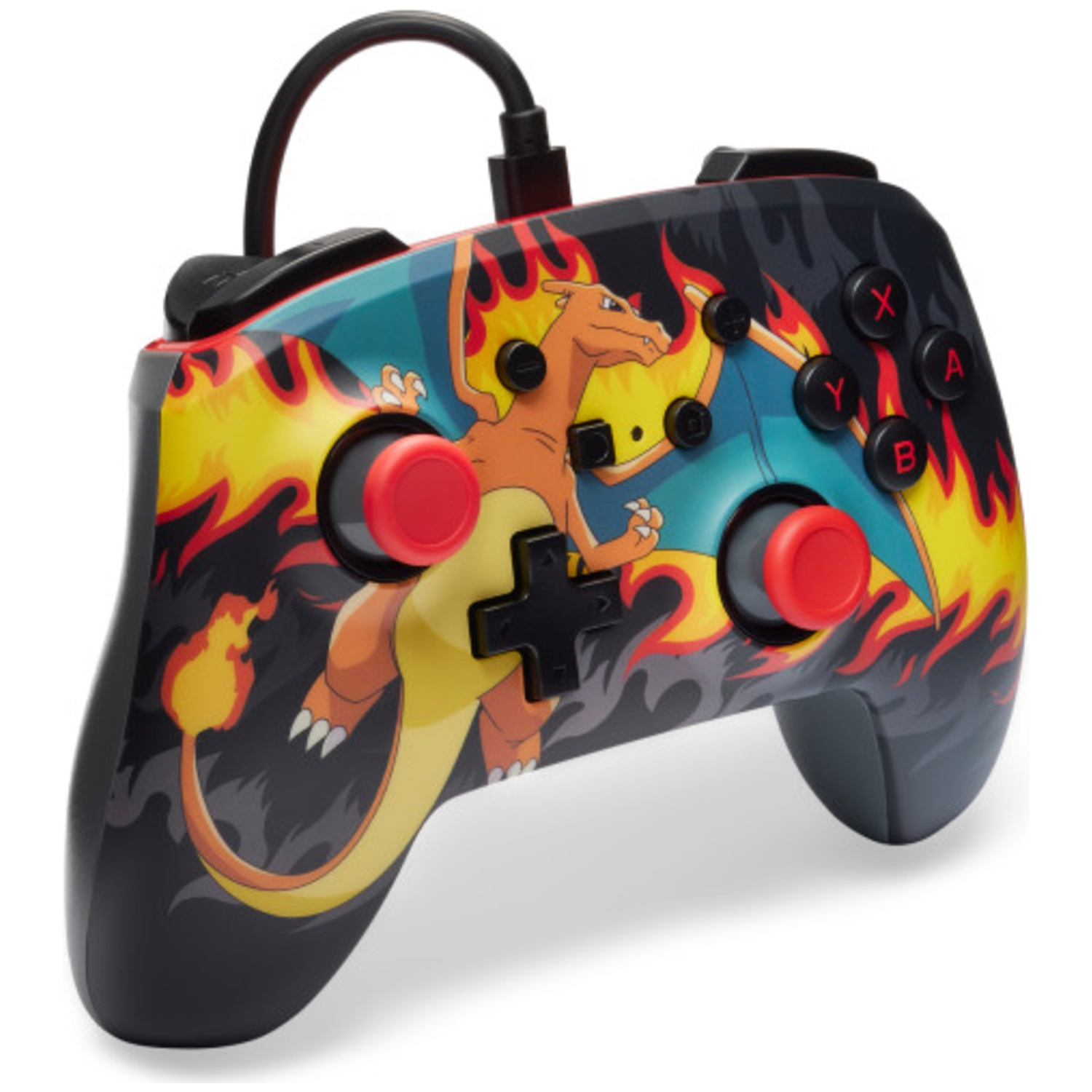 Une manette de jeu avec Charizard, des flammes et des graphismes de feu.
