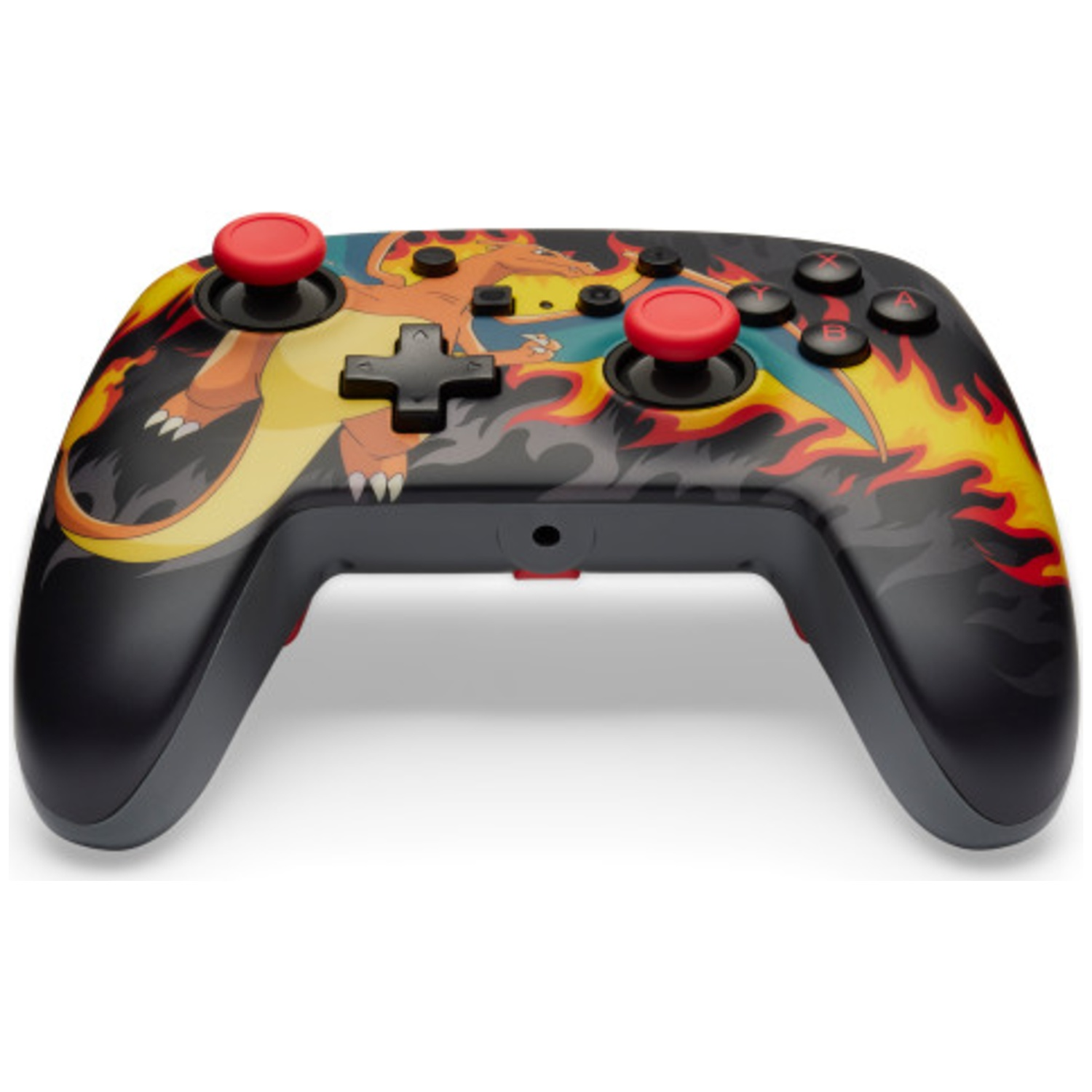 Une manette de jeu noire avec illustration de Dracaufeu et joysticks rouges.