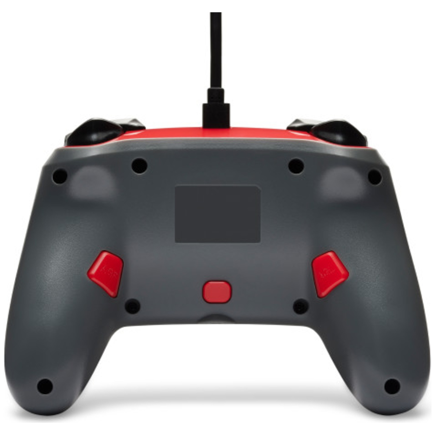 Manette grise avec dessus rouge, joysticks noirs et boutons rouges.