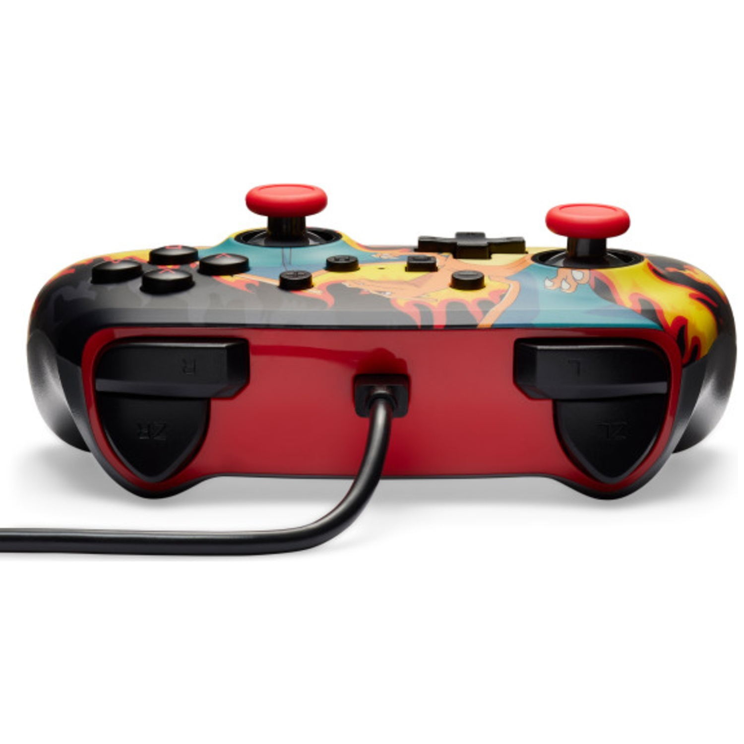 Une manette rouge avec Charizard, boutons et joysticks noirs.