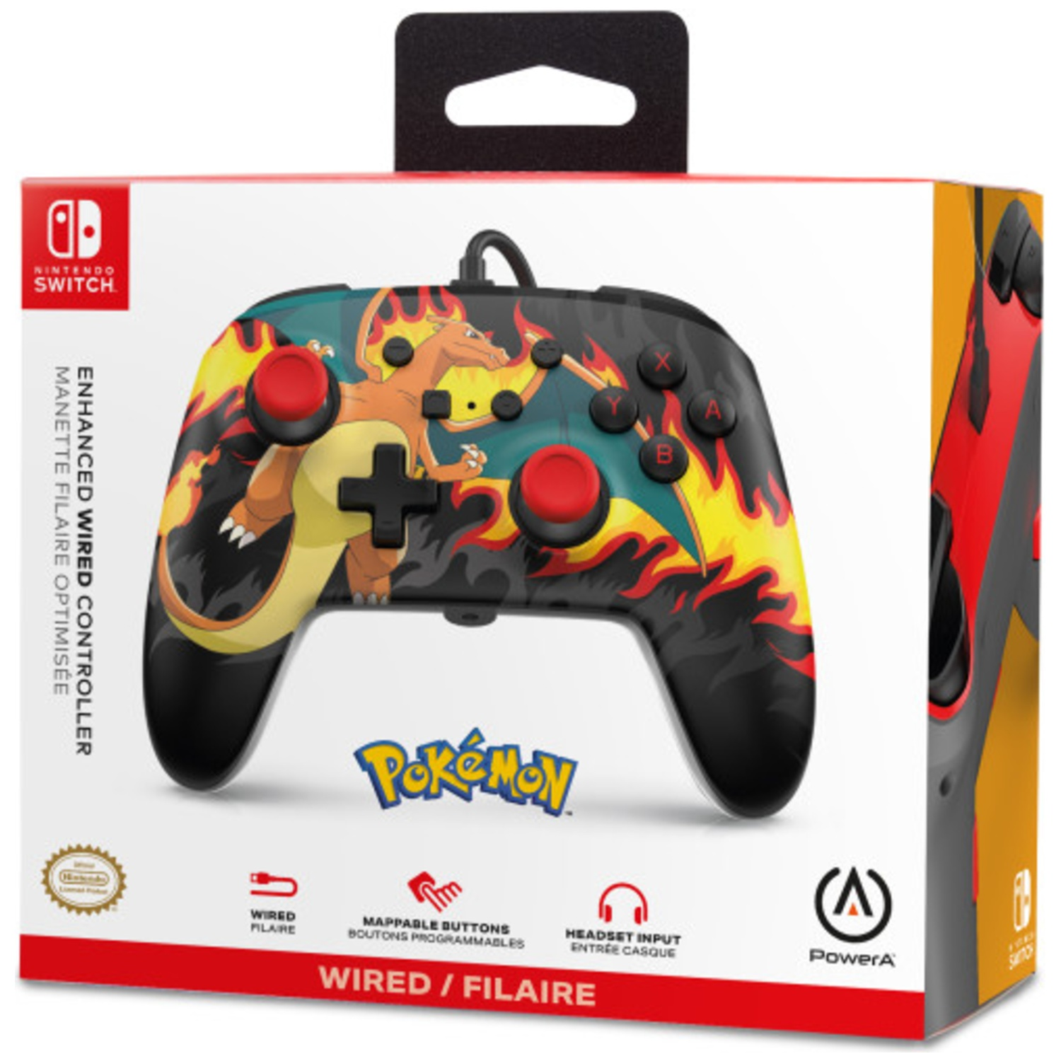 Manette Nintendo Switch avec design Pokémon et motif Charizard.
