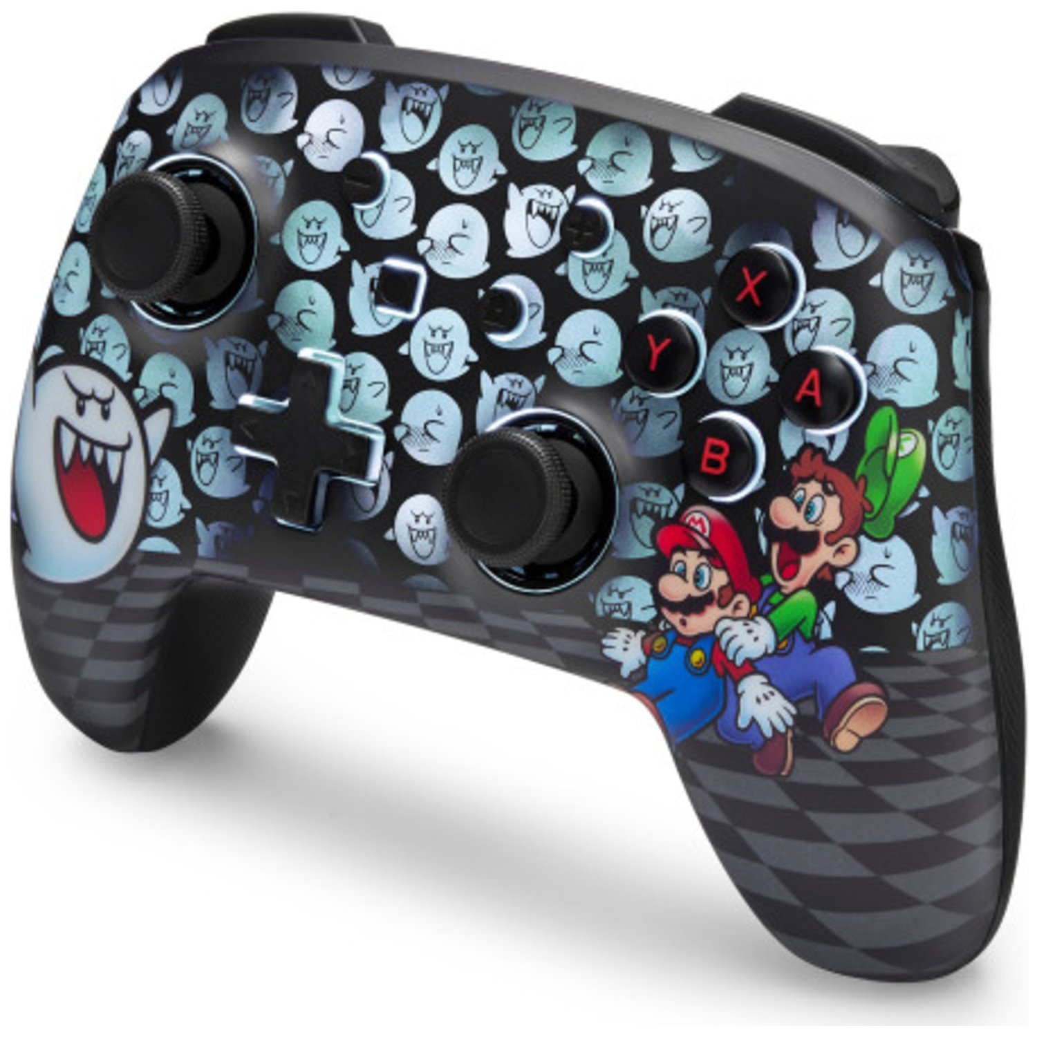 A black controller featuring Mario, Luigi, and Boo characters.