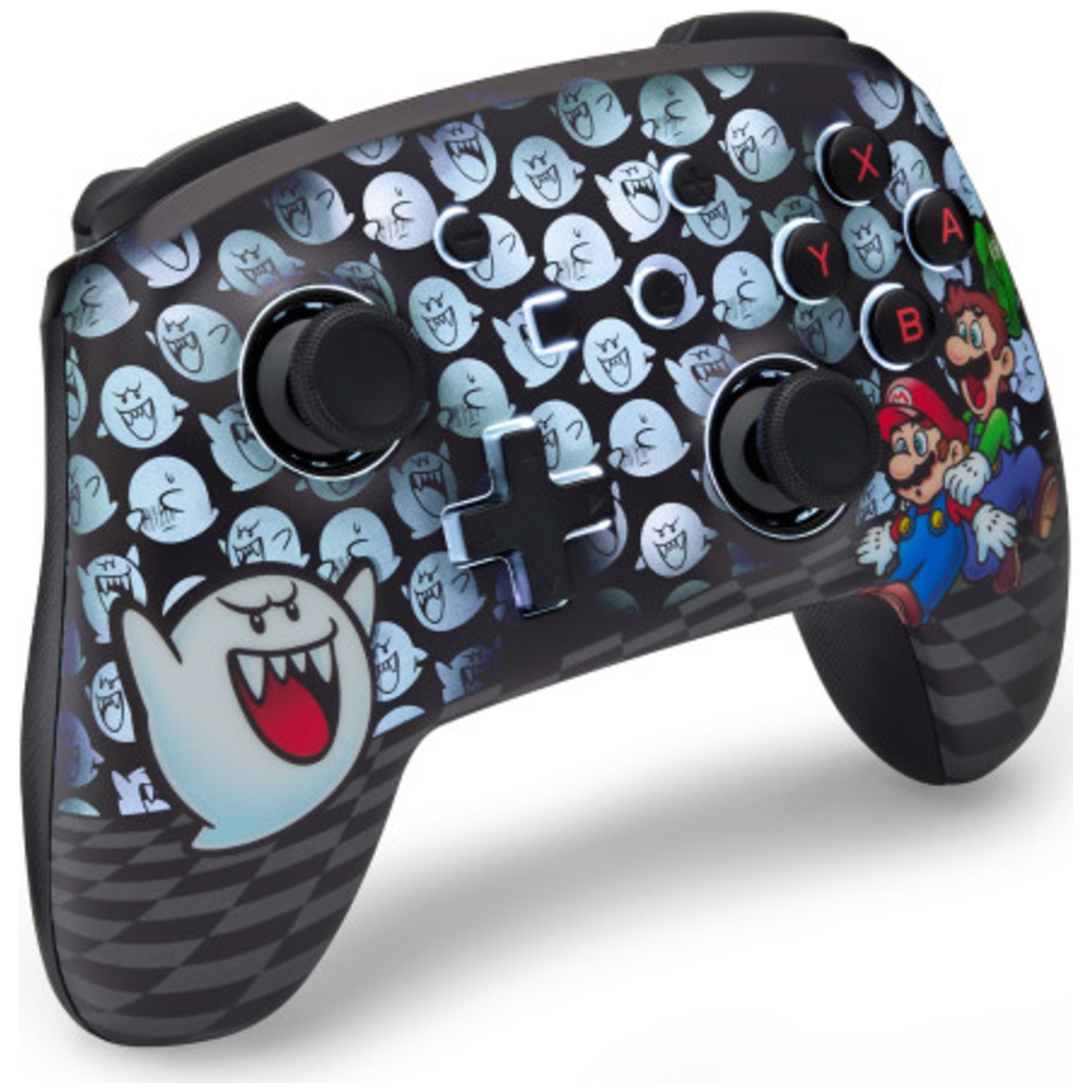 Black controller with Boo pattern, Mario & Luigi. checkered accents.
