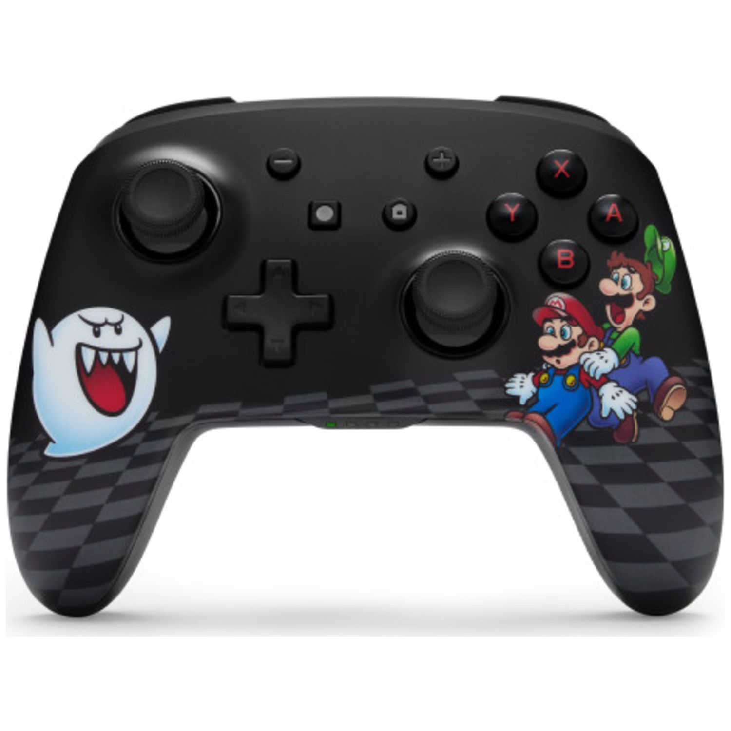 Black controller featuring Mario, Luigi, and Boo on a checkered background.