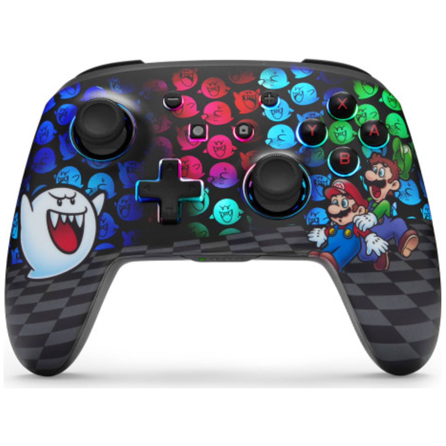 A black controller decorated with Mario, Luigi, and Boo motifs. Checkered pattern.