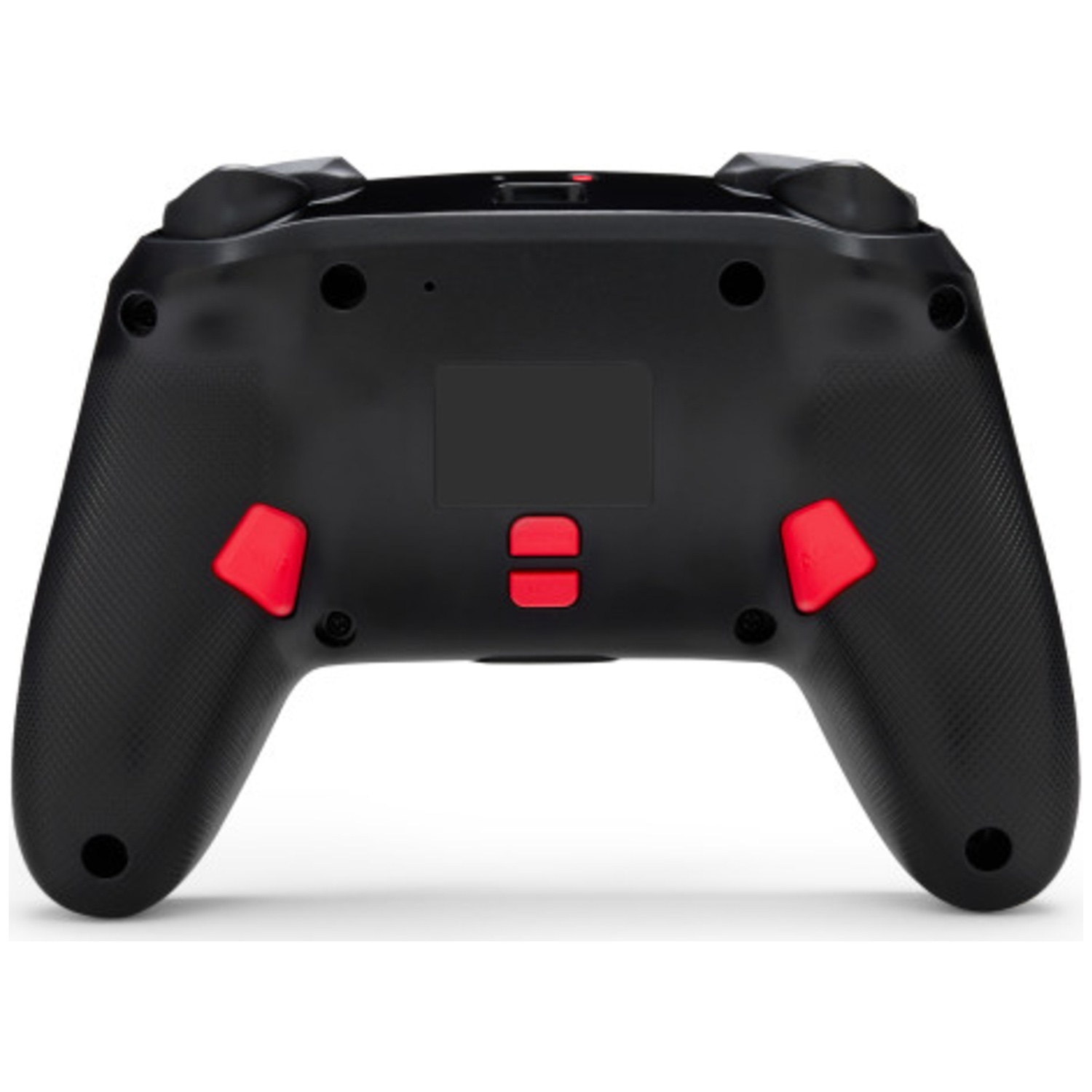 Black controller back with red accent buttons and grip pattern.
