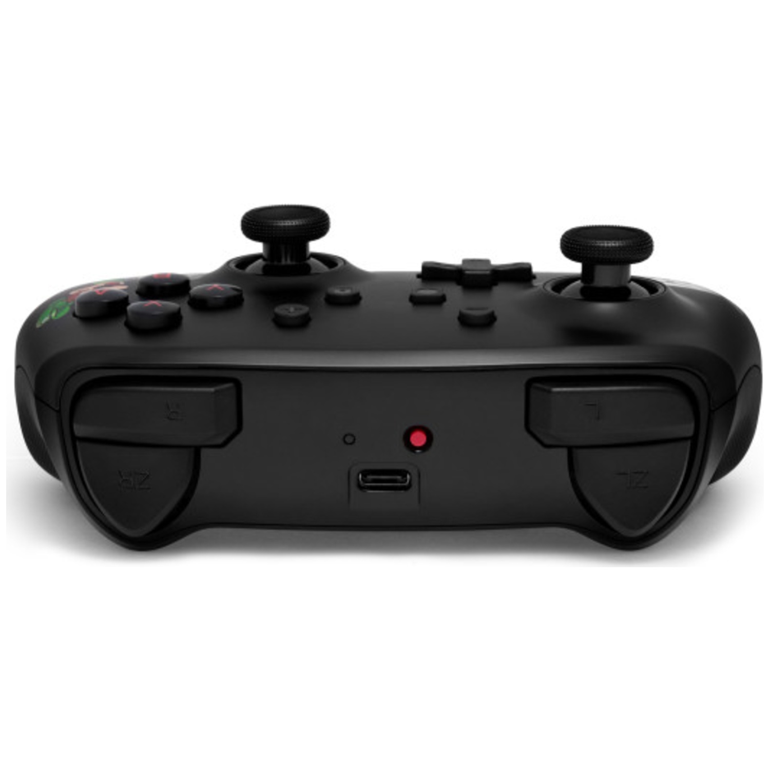Black game controller with two joysticks, buttons, and charging port.