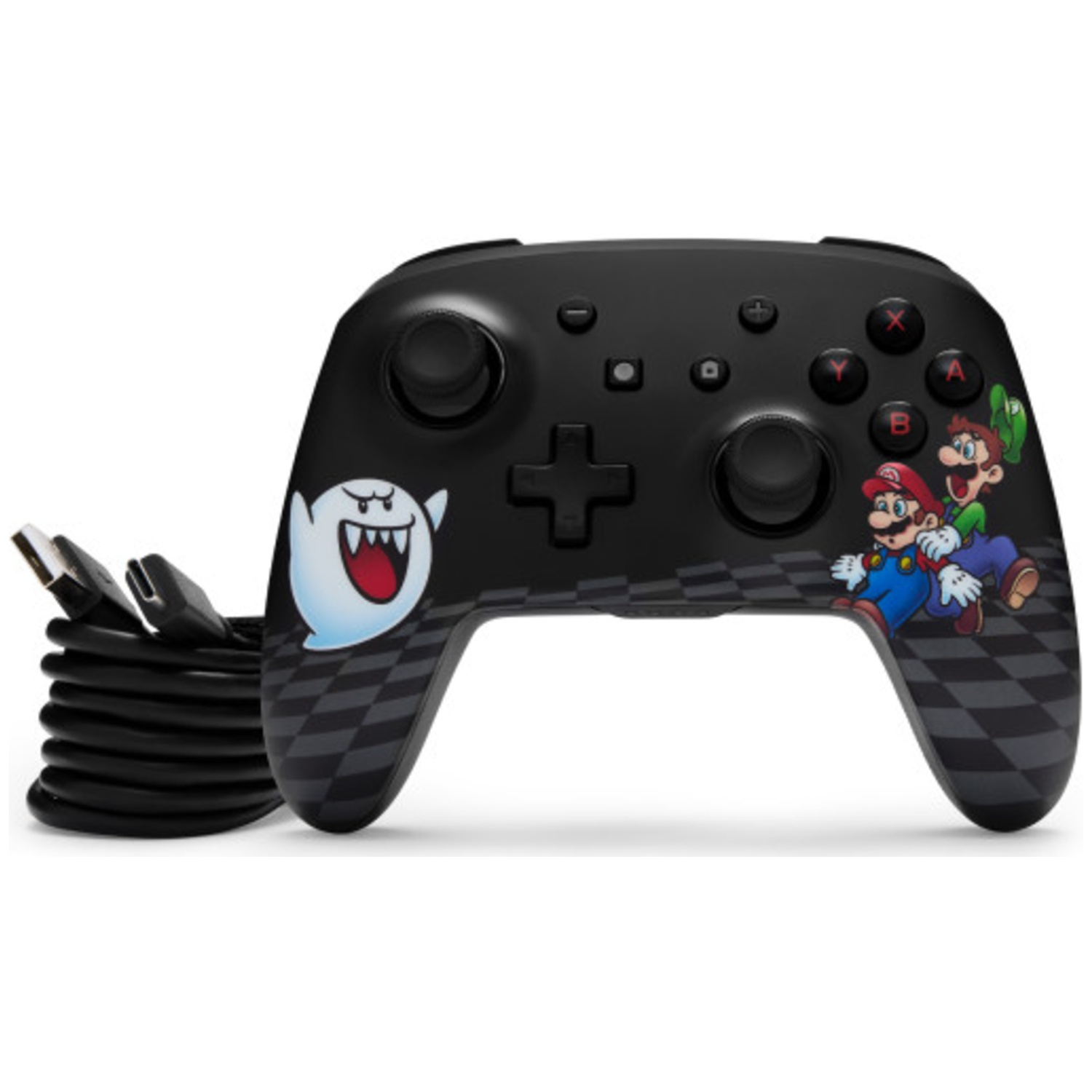 Black controller with Mario, Luigi, and Boo. Charging cable beside it.