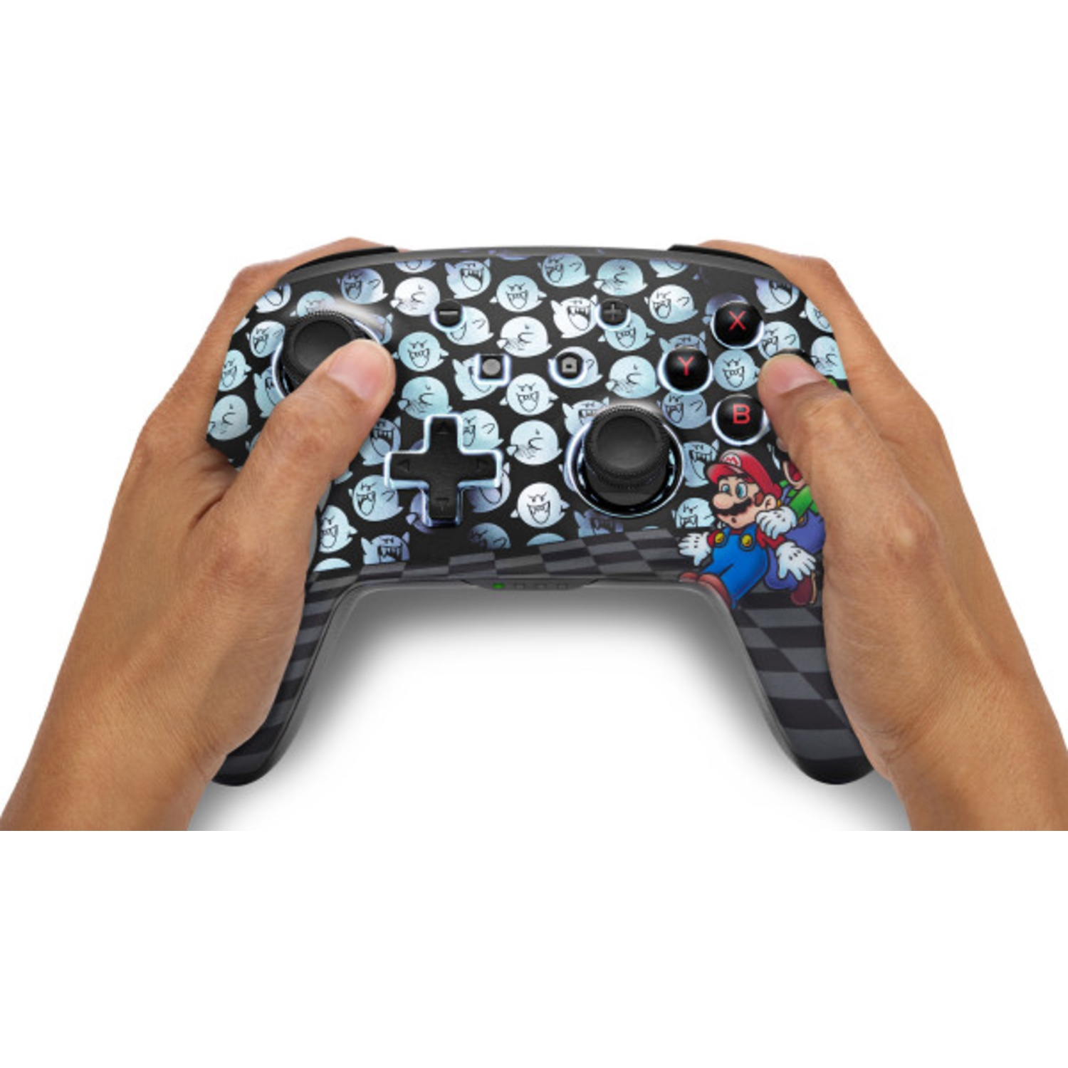 Hands holding a controller with Mario and Boo ghost designs.
