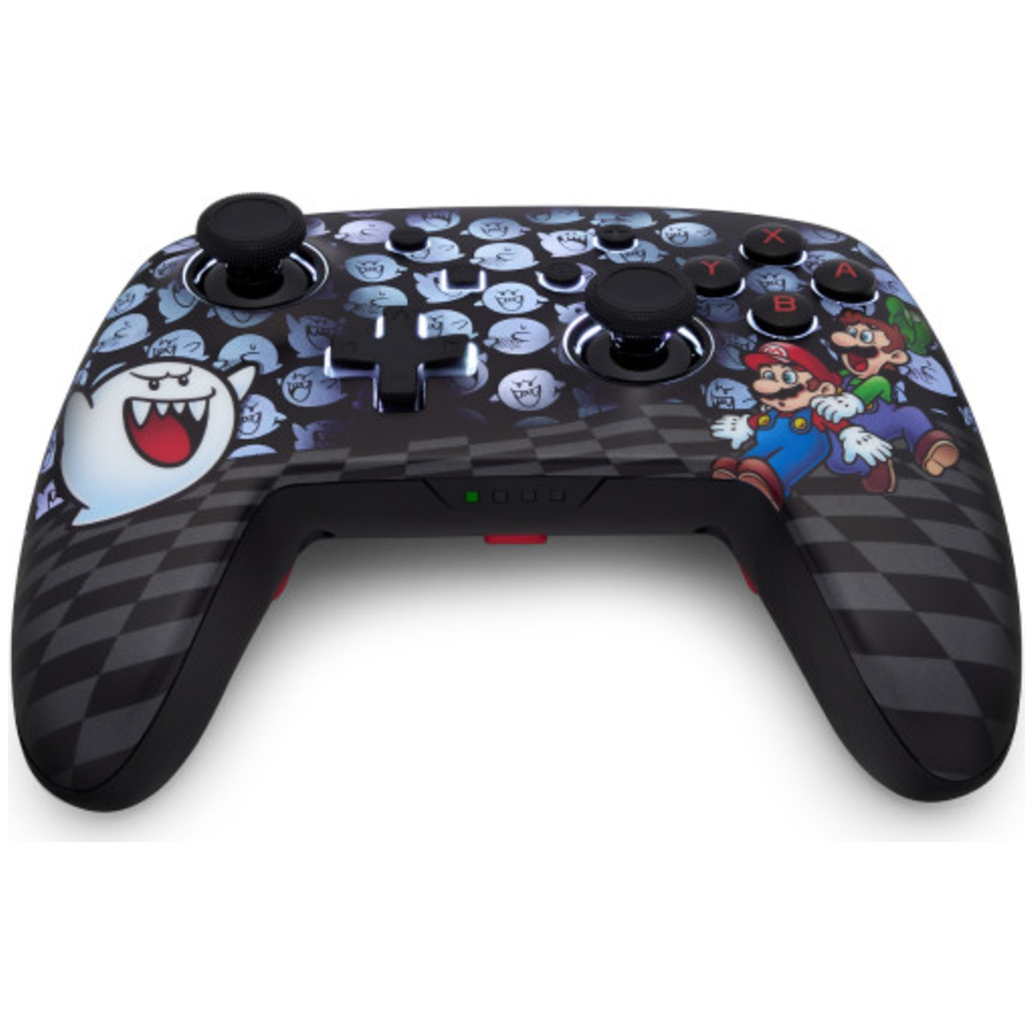 Black controller with Mario, Luigi, and Boo design. Checkered pattern.