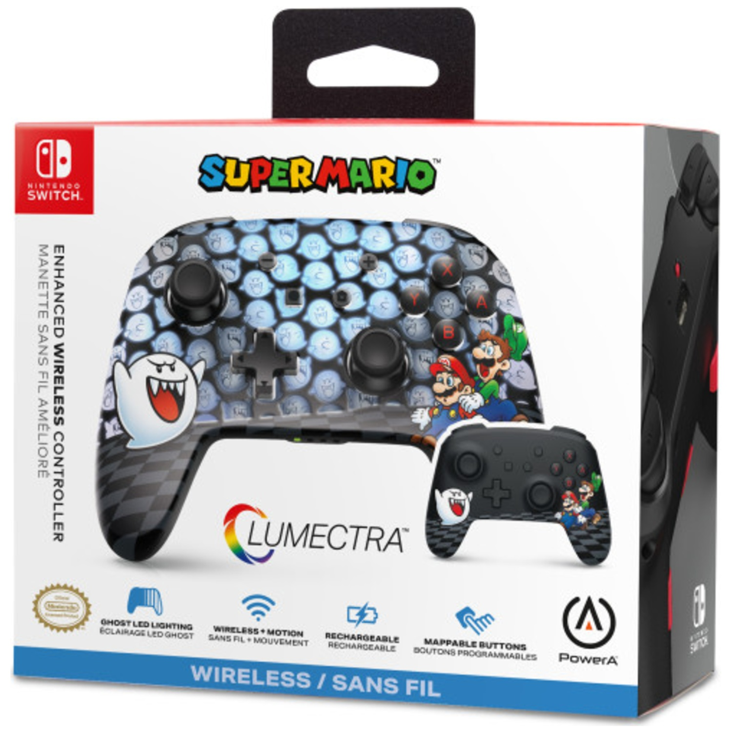 Super Mario Nintendo Switch controller box with Boo and Mario graphics.