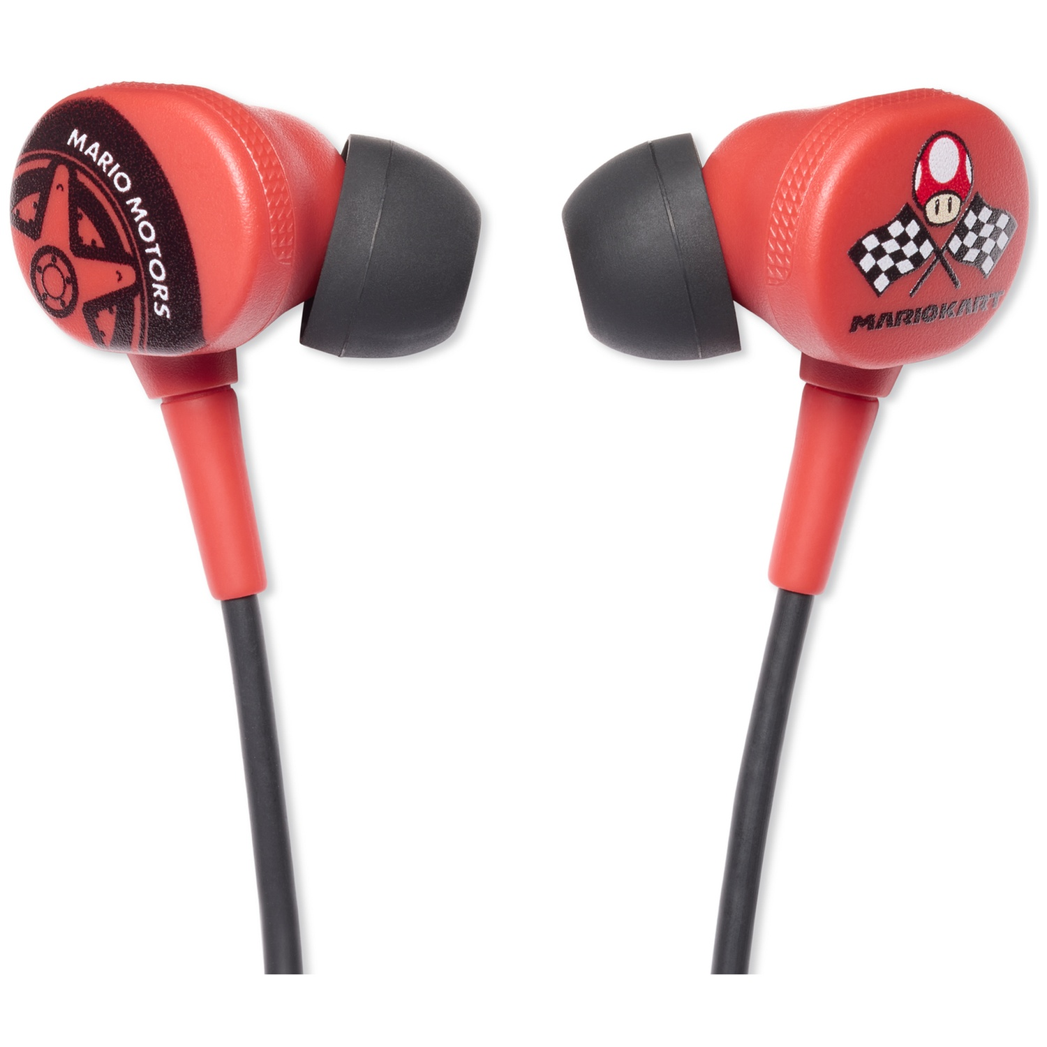 Red Mario Kart earbuds with mushroom and checkered flag designs.