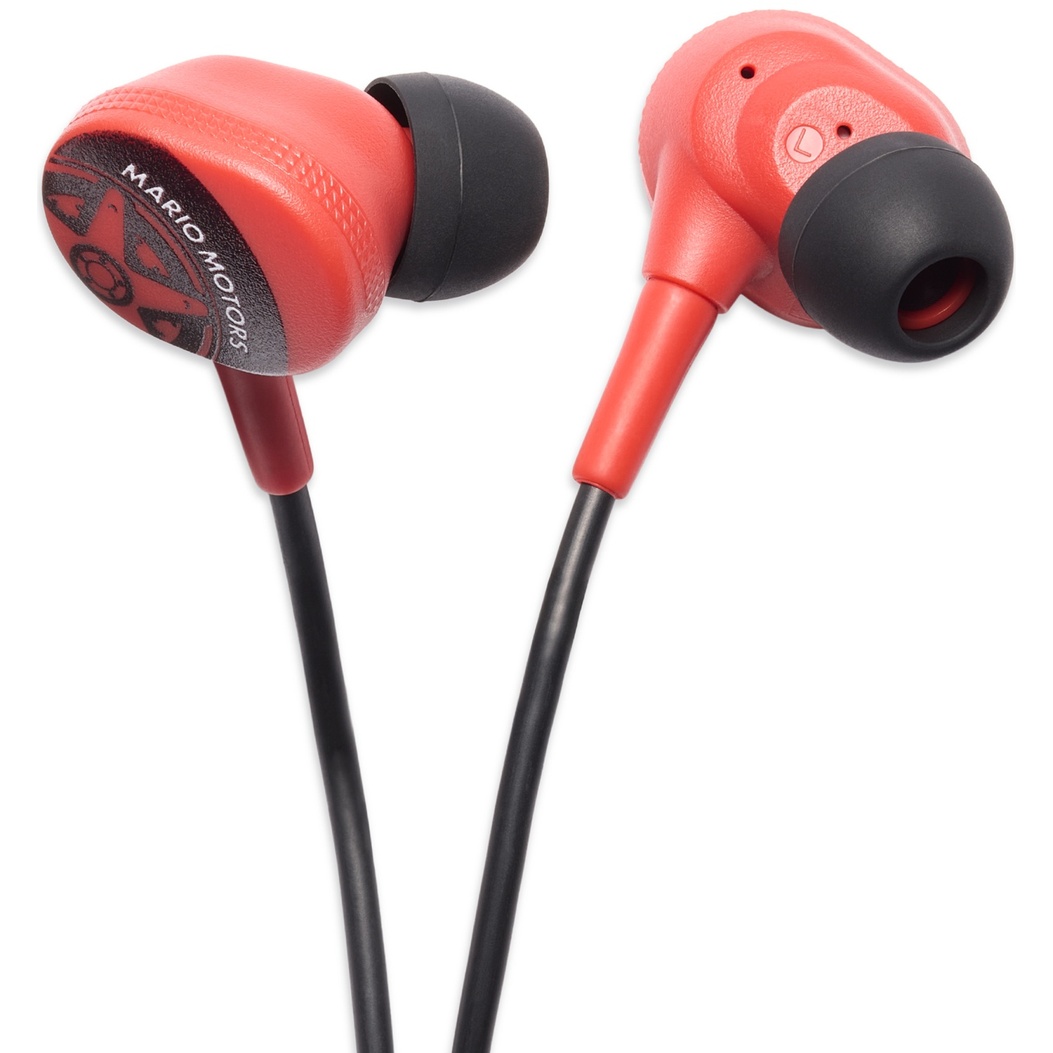 Red earphones with black cable and "Mario Motors" text and logo.