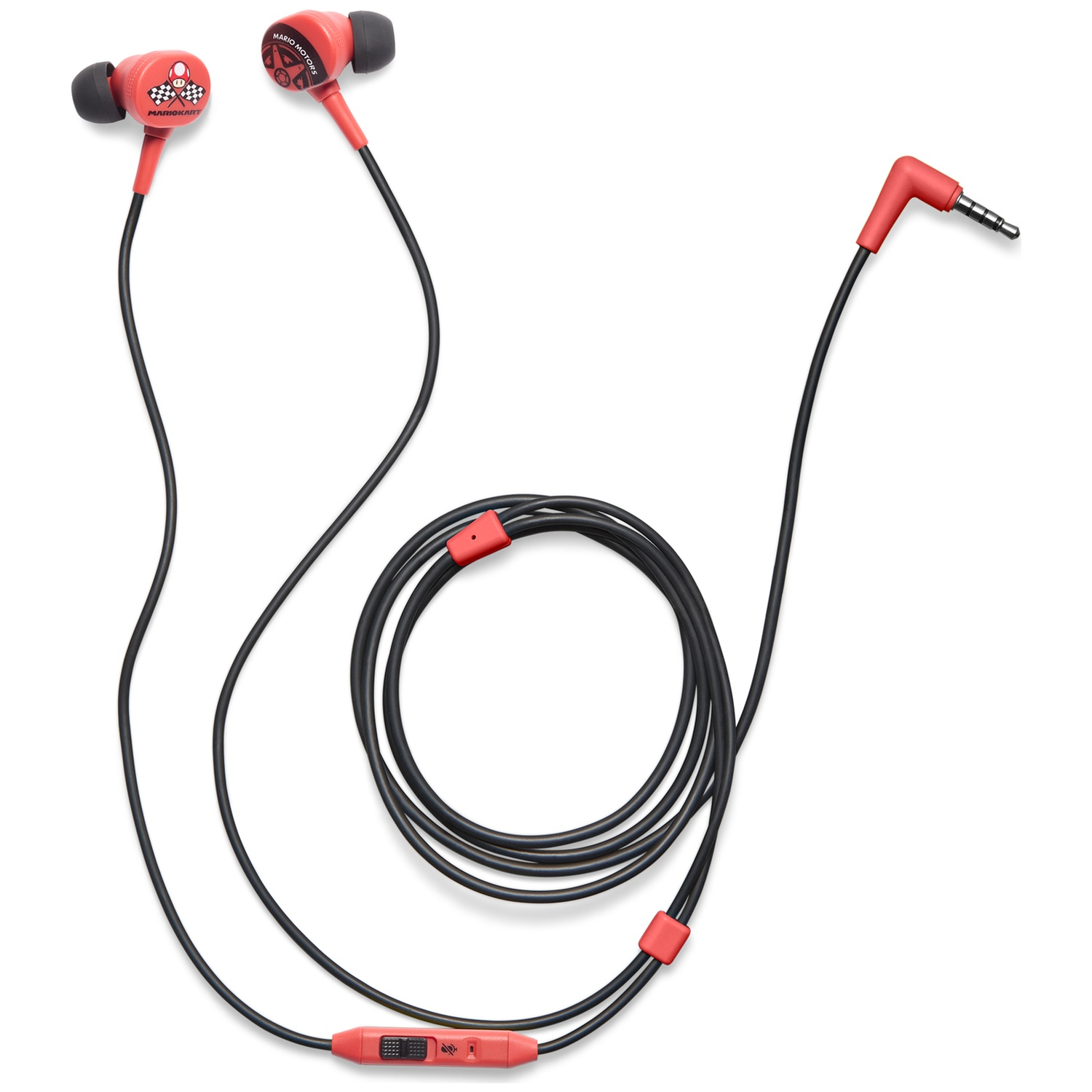 Red Mario Kart earphones with black cord and 3.5mm jack connector.