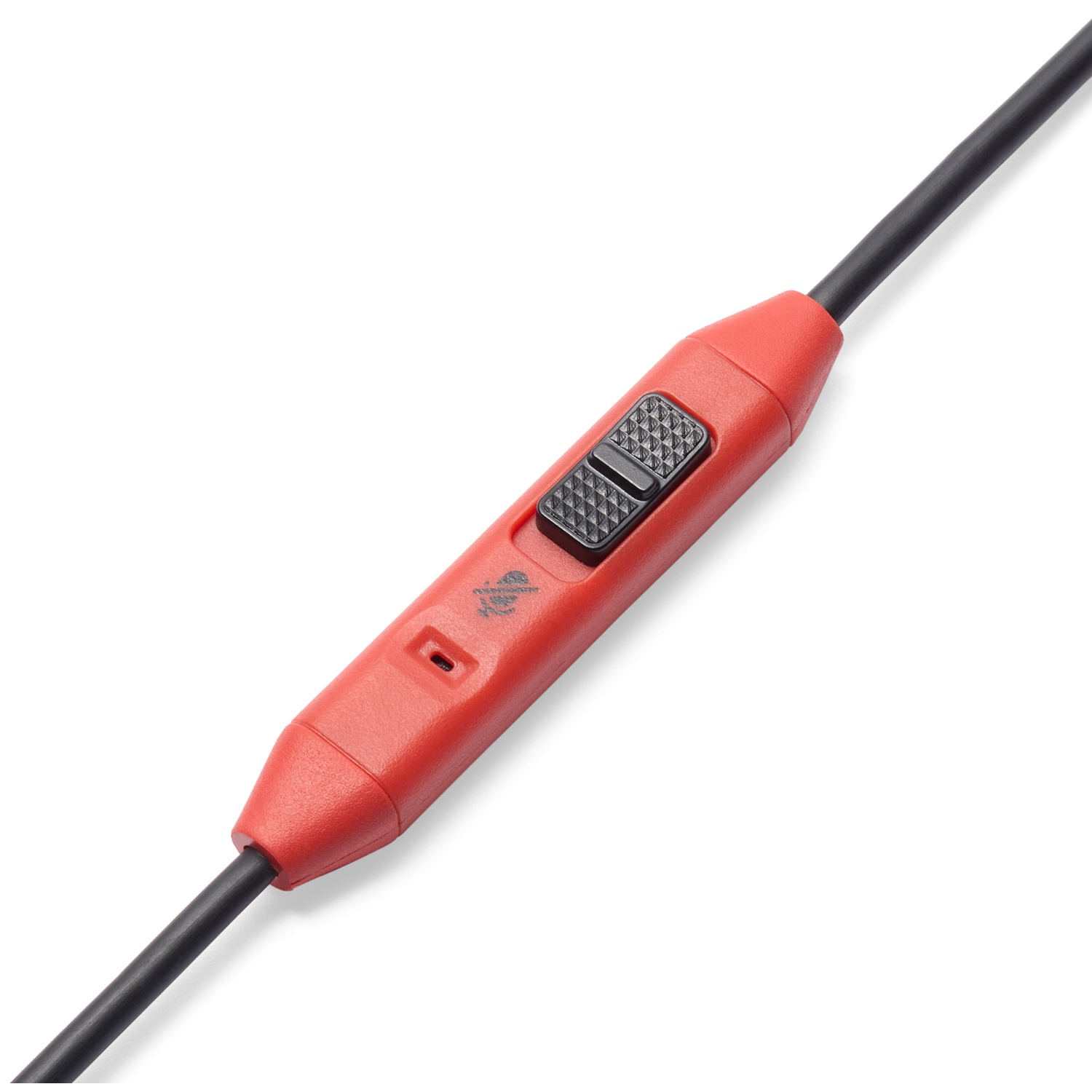 A red inline switch on a black cable against a white background.