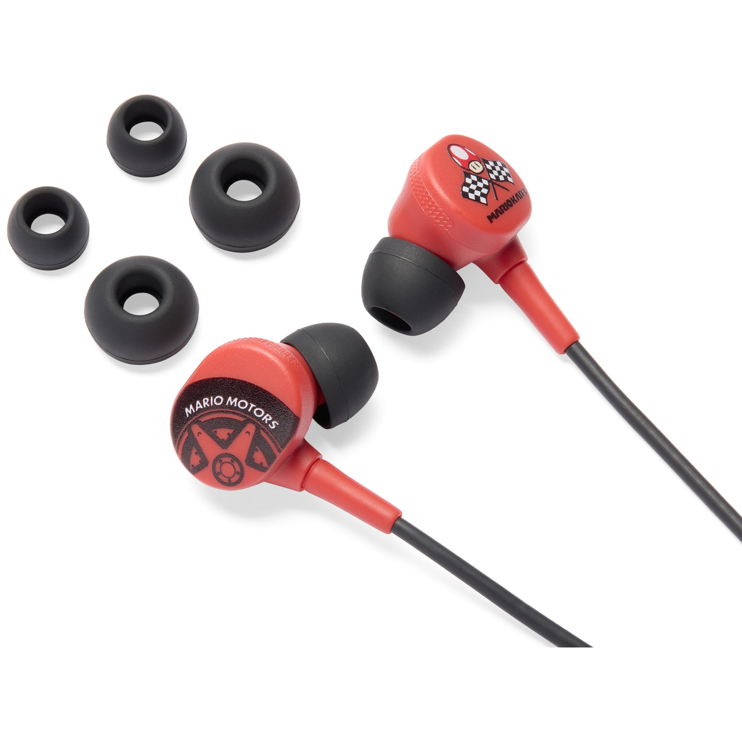 Red Mario Kart earbuds with black tips and four spare tips.