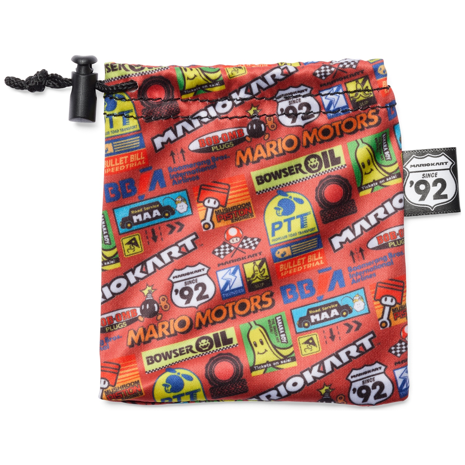 Red pouch with Mario Kart motifs and a drawstring closure.