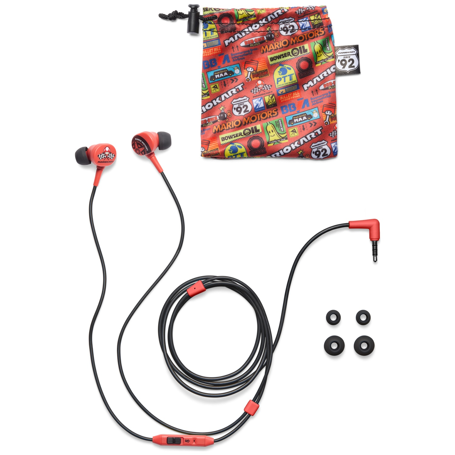 Red Mario Kart earphones with black cable and printed pouch.