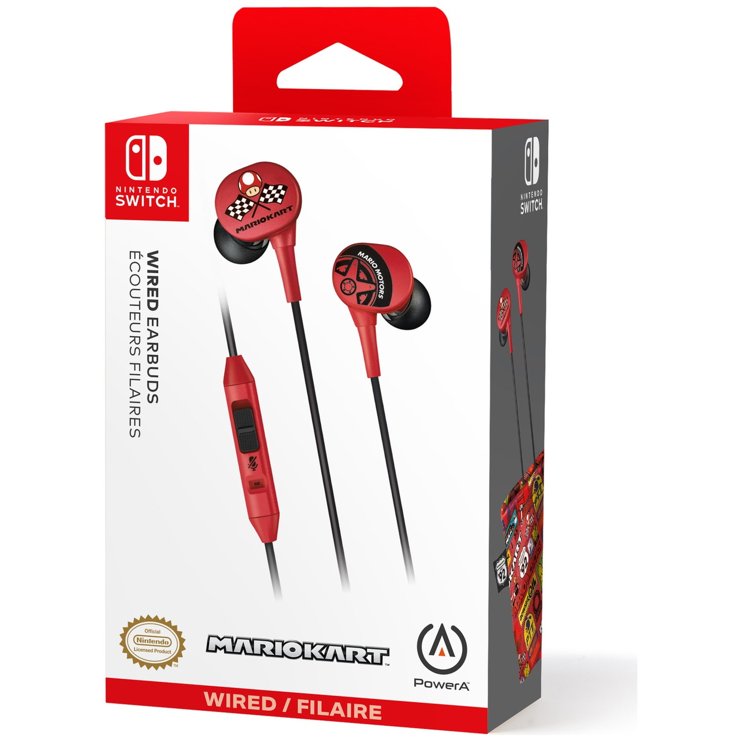 Red Nintendo Switch Mario Kart wired earbuds on box with mushroom and checkered flag.