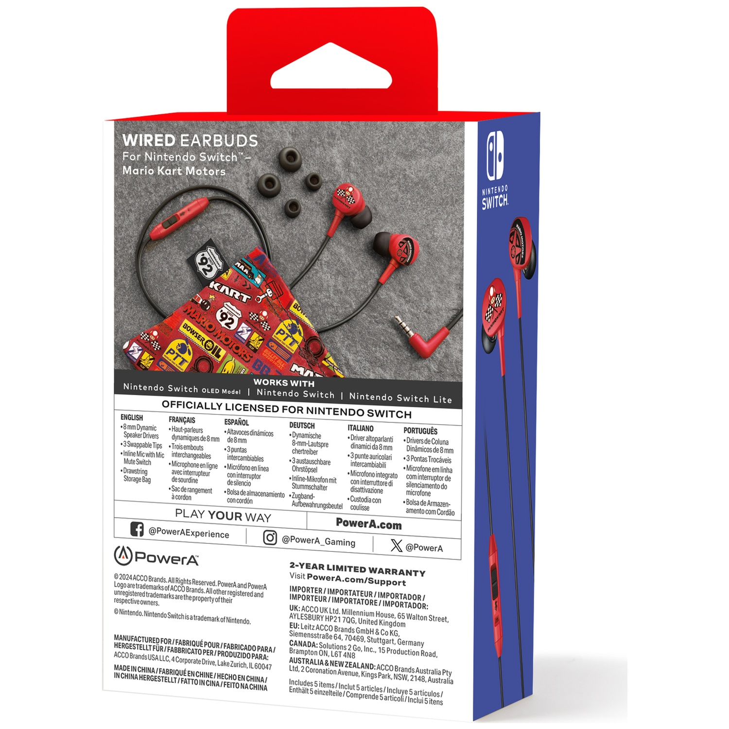 Mario Kart earbuds with bag and accessories on a gray background.