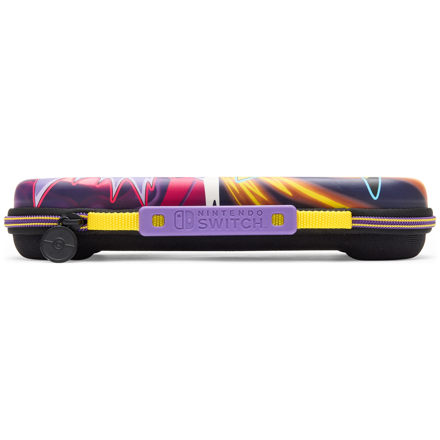 Une mallette Nintendo Switch avec un art abstrait et vibrant, une sangle jaune et une poignée violette.