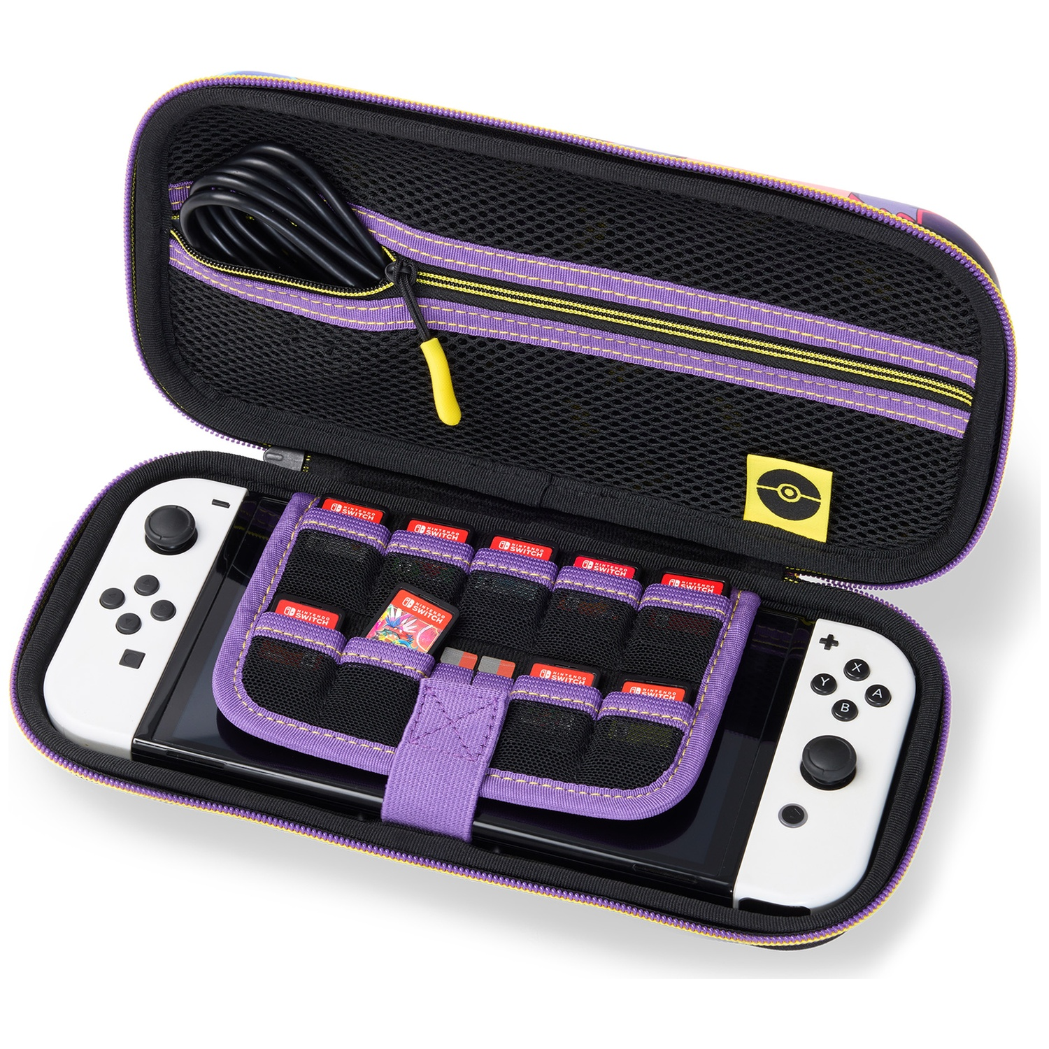Une housse Nintendo Switch tenant la console, les Joy-Cons, un câble et des jeux.