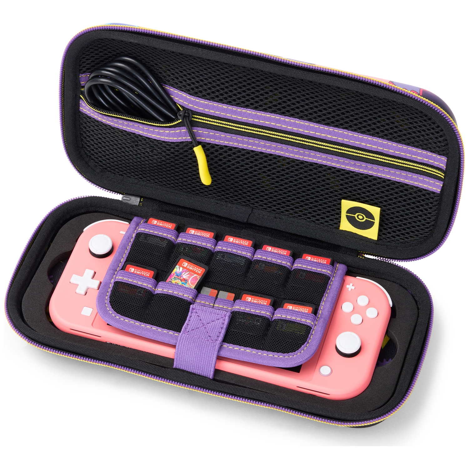 Une Nintendo Switch Lite rose dans un étui ouvert violet et jaune avec jeux et câble.