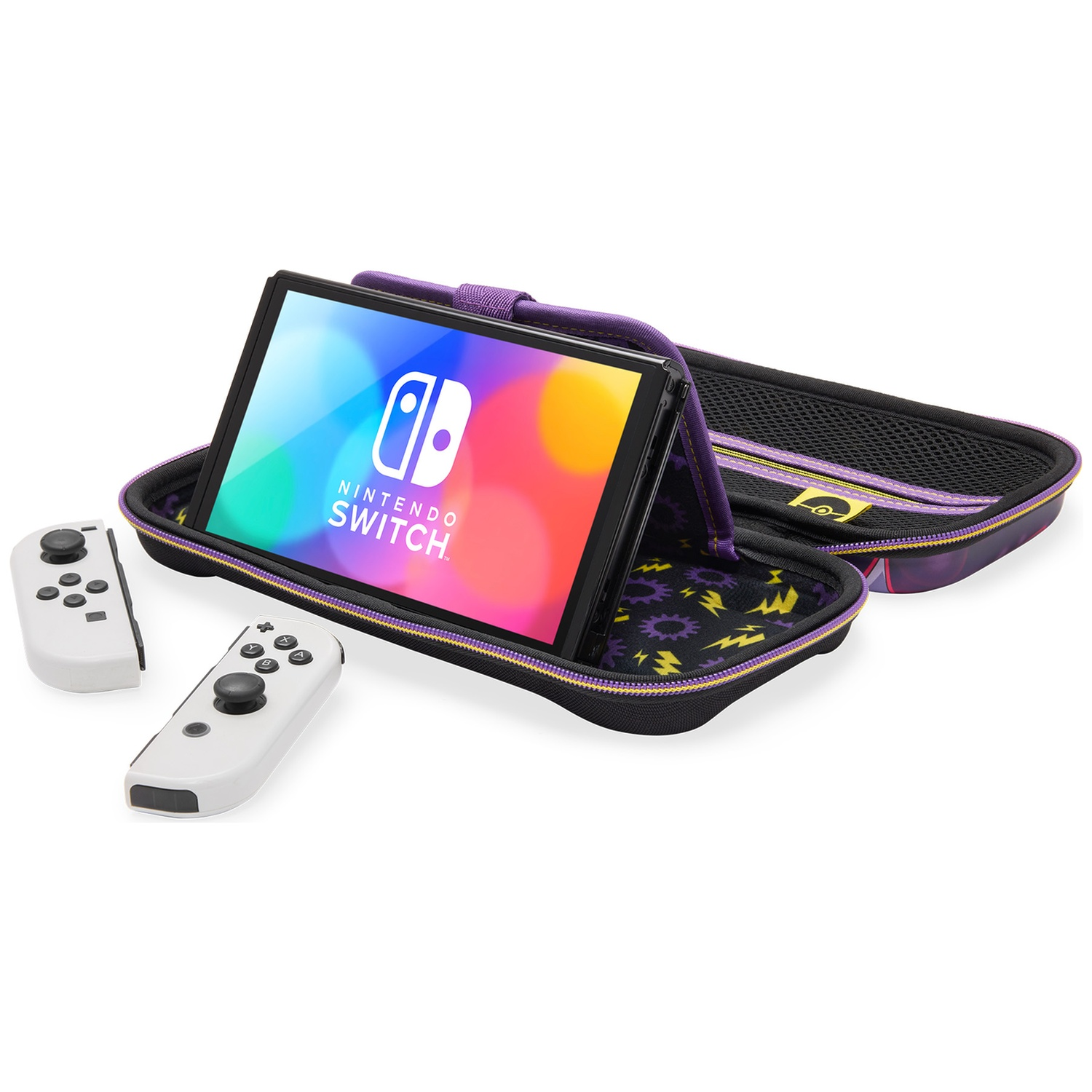 Nintendo Switch avec deux Joy-Cons blancs dans un étui violet et noir.