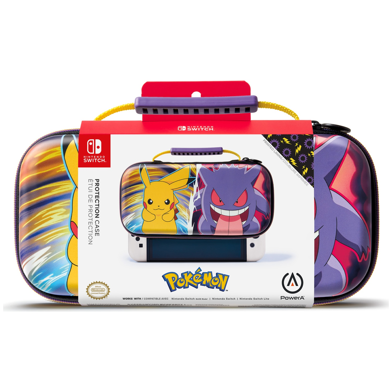 Étui Nintendo Switch avec Pikachu et Gengar, en violet et jaune.