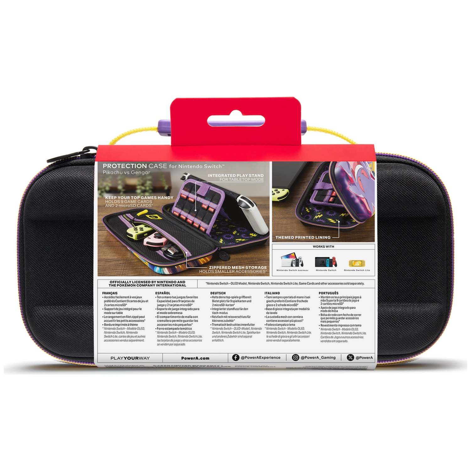 Étui noir Nintendo Switch thème Pokémon. Contient jeux et accessoires.