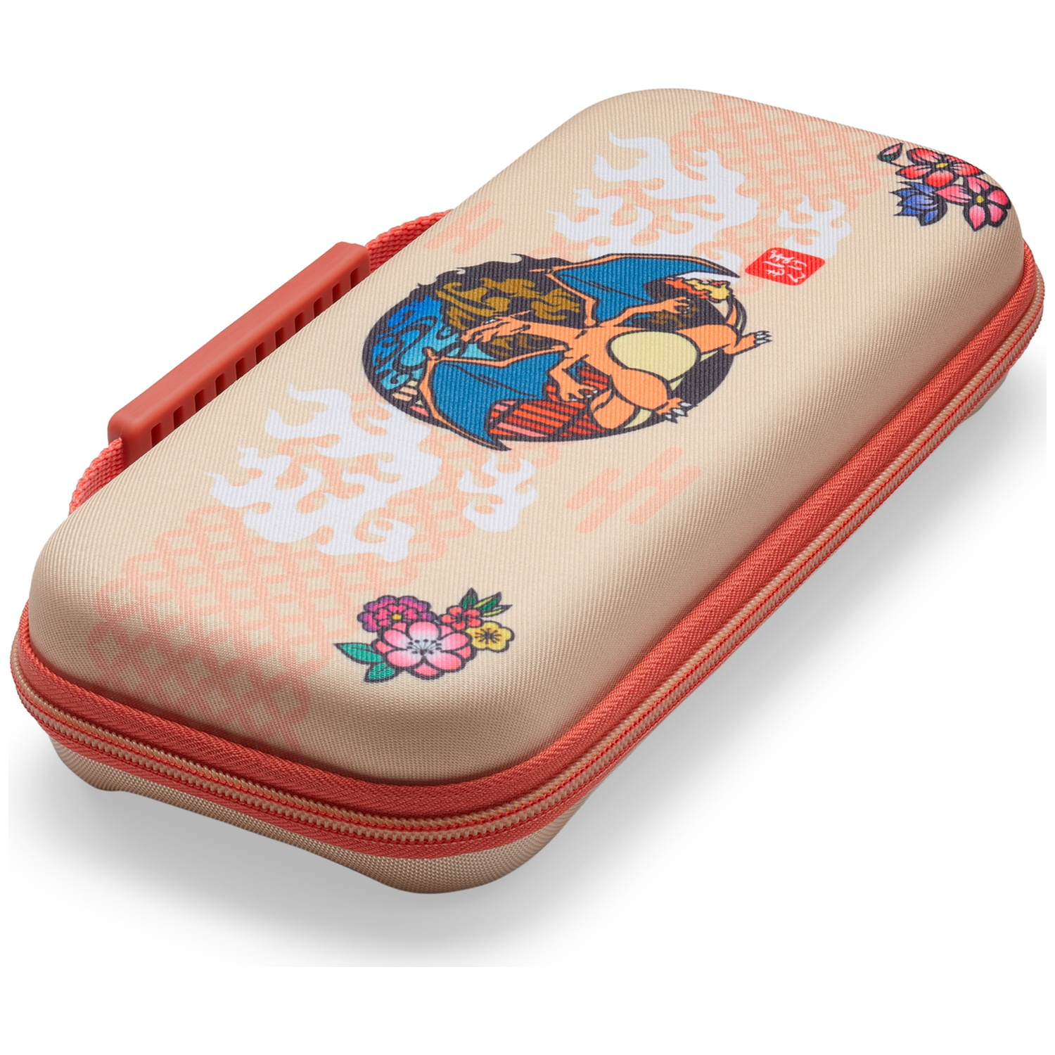 Étui beige avec Charizard, fleurs et détails de fermeture éclair orange.