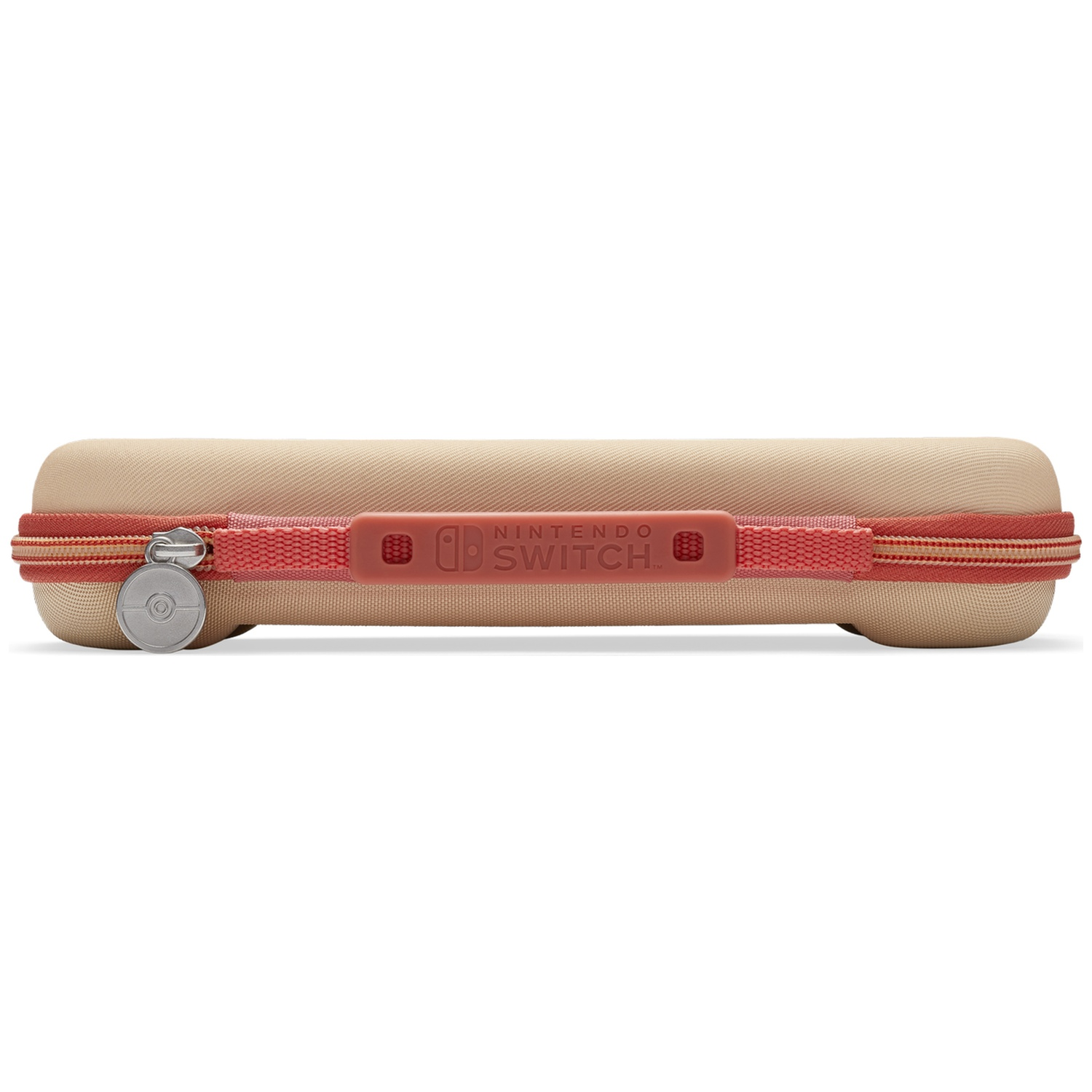 Étui beige Nintendo Switch avec fermeture éclair et poignée rouges.