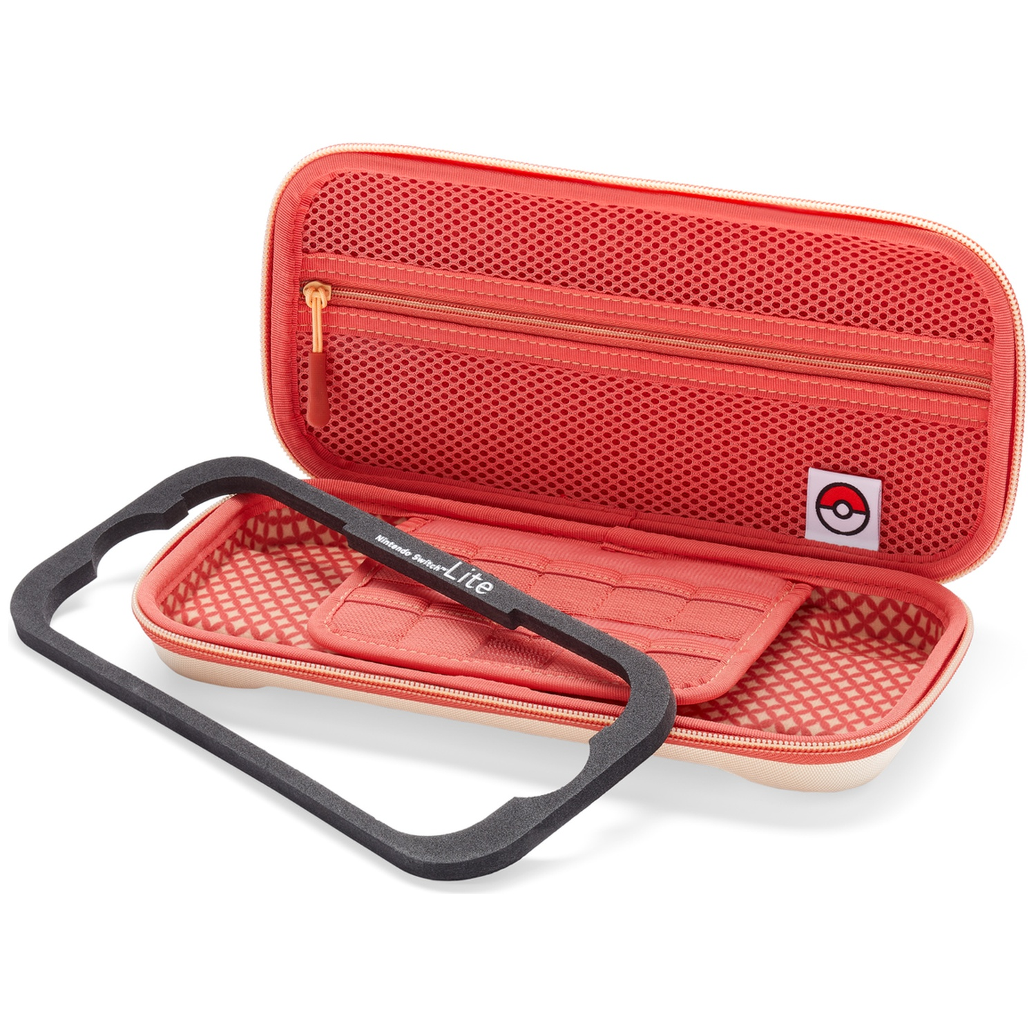 Une housse ouverte corail pour Nintendo Switch Lite avec cadre en mousse noire.