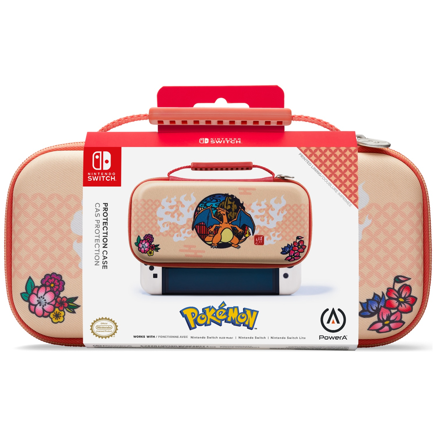 Une housse de protection Nintendo Switch avec motif Pokémon, Charizard et fleurs.