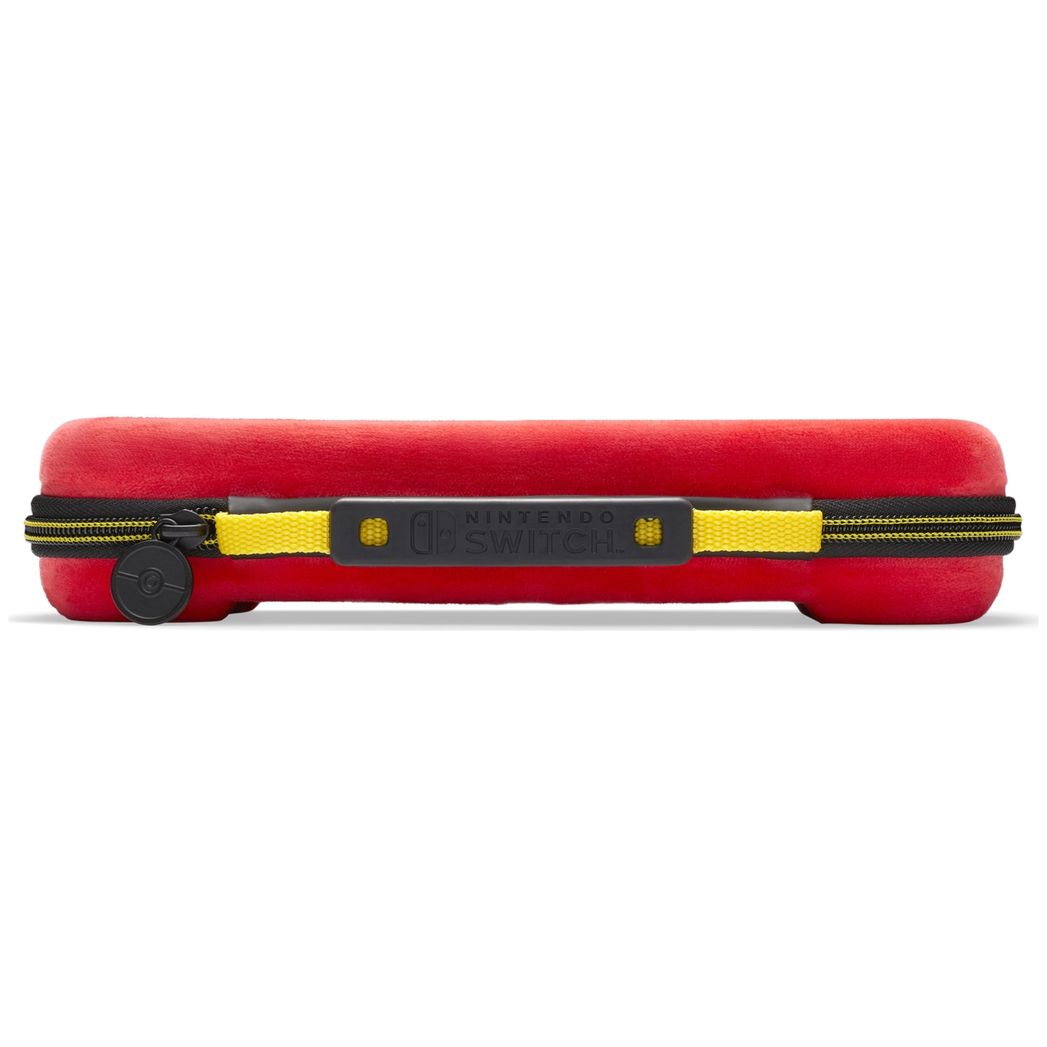 Red Nintendo Switch case with yellow strap and black zipper.