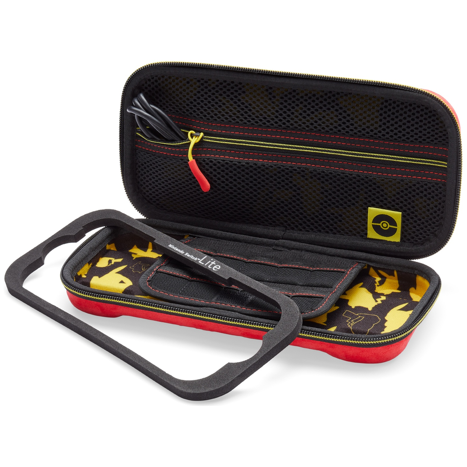 A red Nintendo Switch Lite case with yellow Pikachu pattern inside.