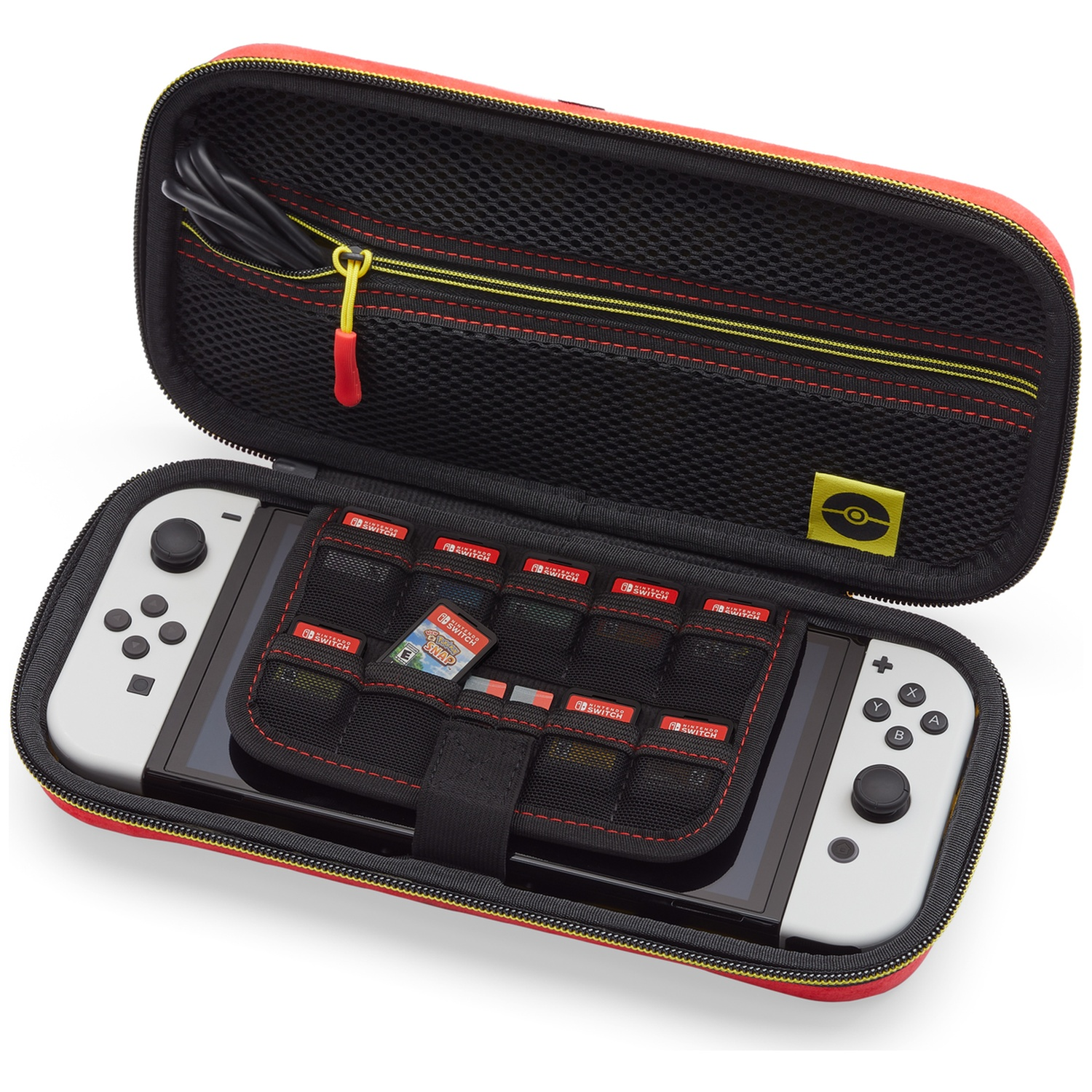 Red Nintendo Switch case with white Switch and games.