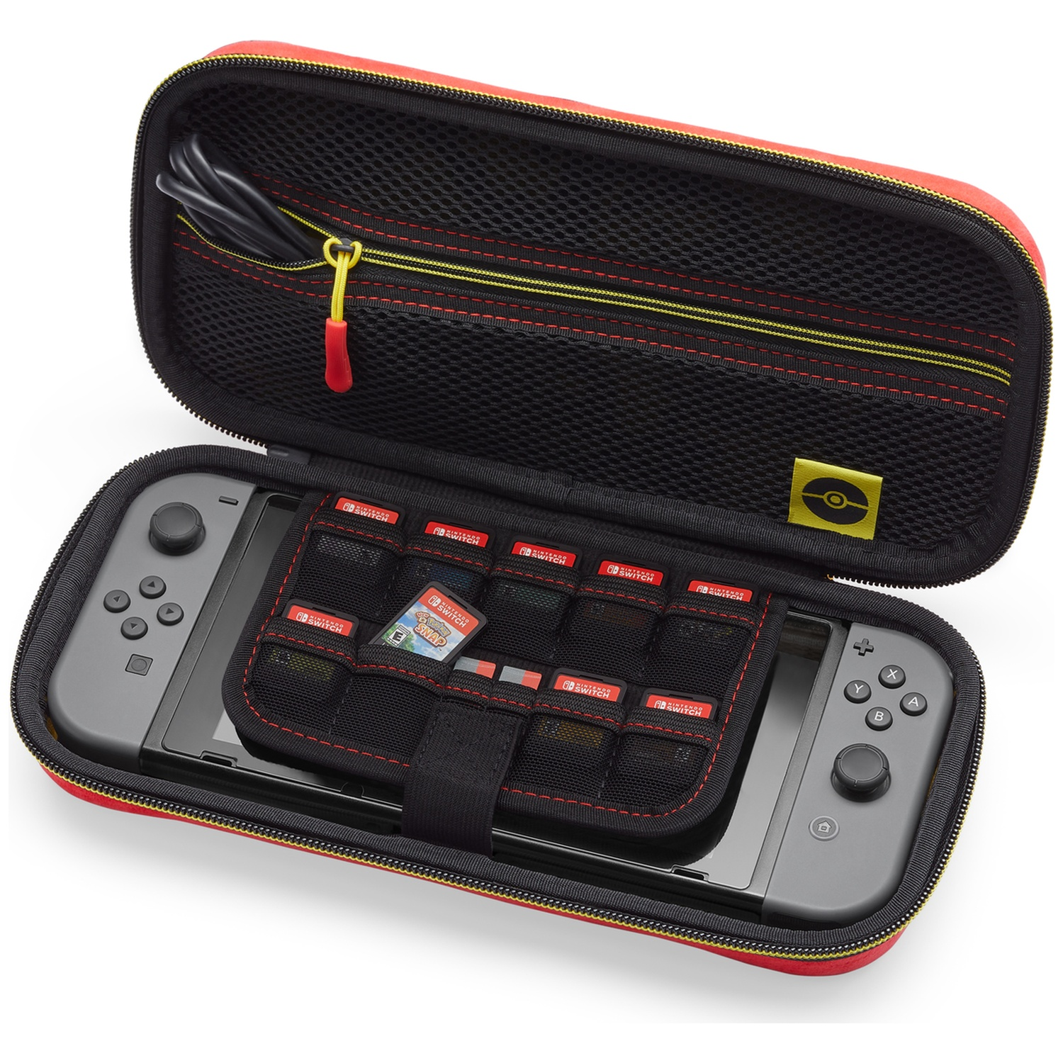 Open red Nintendo Switch case with console, games, and cables inside.