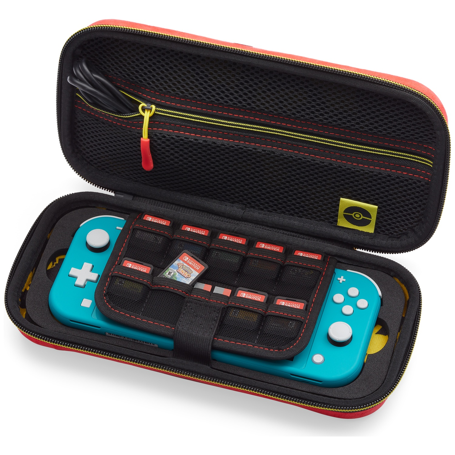 Open red and yellow case with teal Nintendo Switch Lite, games, and cable.