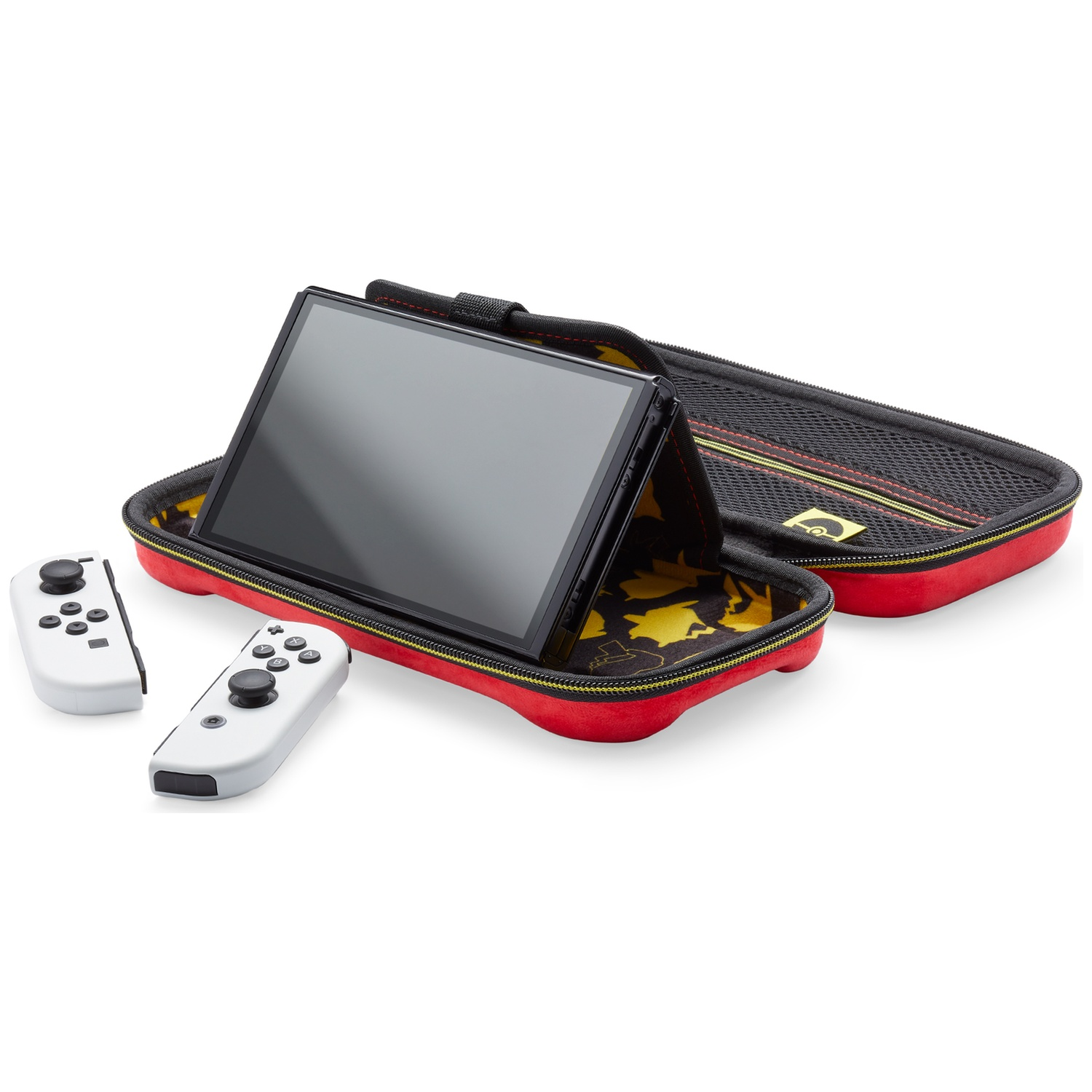 A Nintendo Switch in a red case with two white controllers in front.