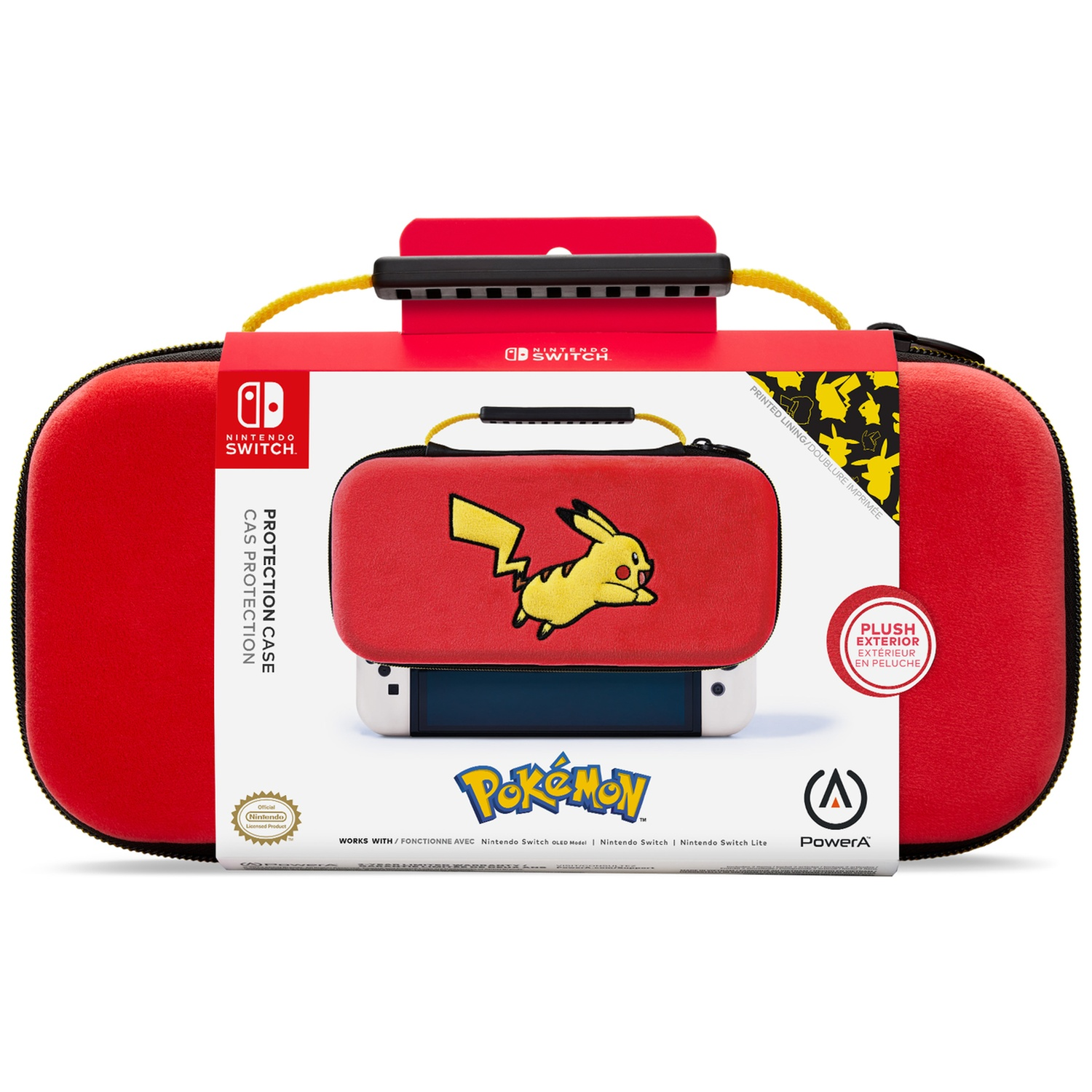 Red Nintendo Switch case with Pikachu graphic, featuring a handle and zipper.