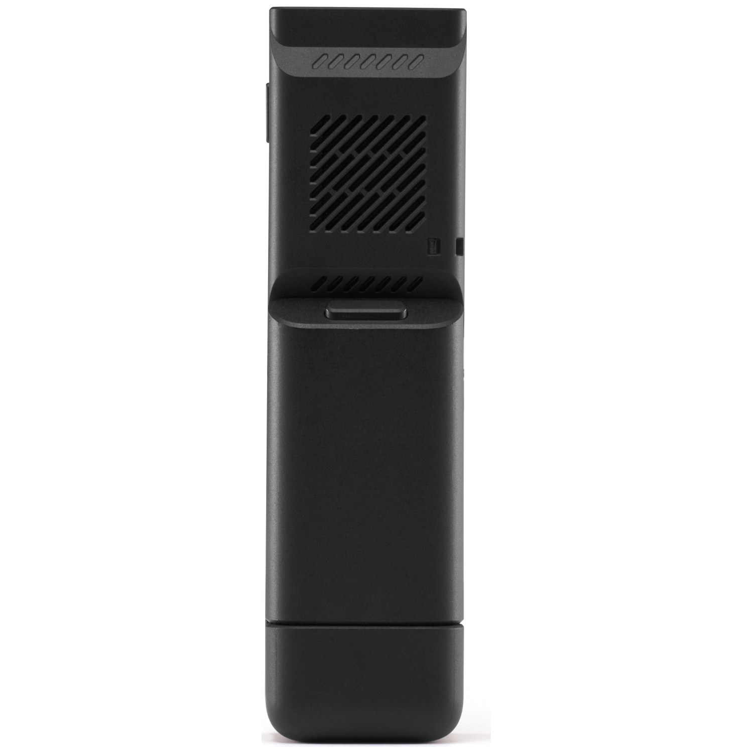 Black electronic device with vents and buttons, shown vertically.